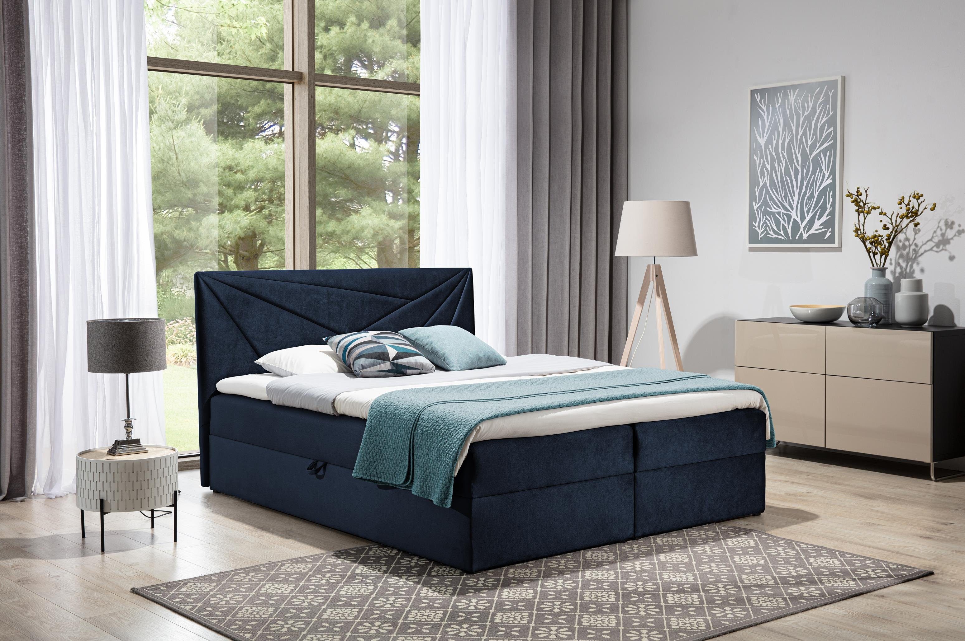 Furnix pflegeleichte Stoffe TREZO Marineblau und Boxspringbett hochwertige Topper, 5 120x200 mit Doppelbett Bettkasten