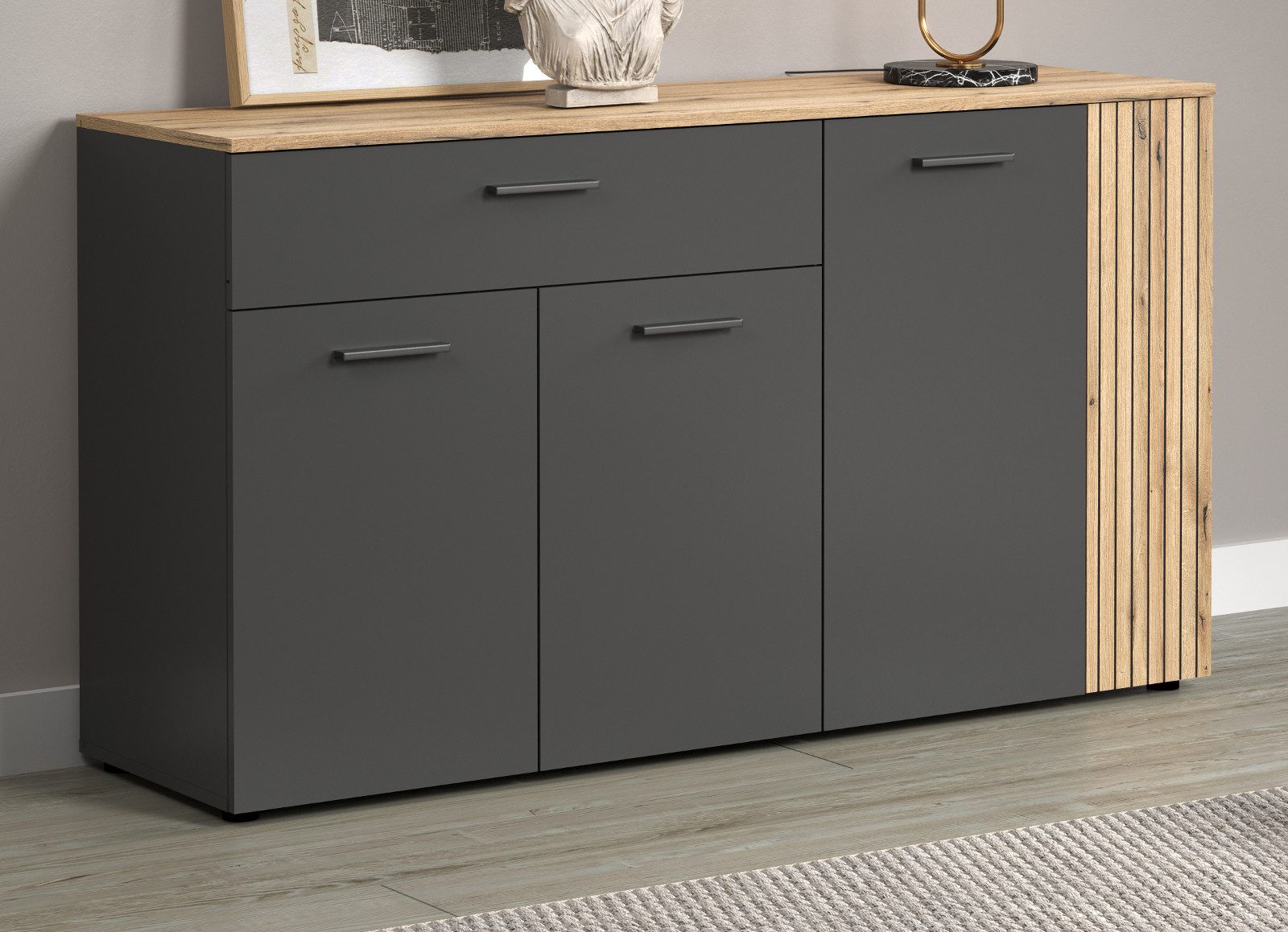 Furn.Design Sideboard Avila (Kommode in grau mit Evoke Eiche, 4-türig, 150 x 83 cm), mit Staboptik