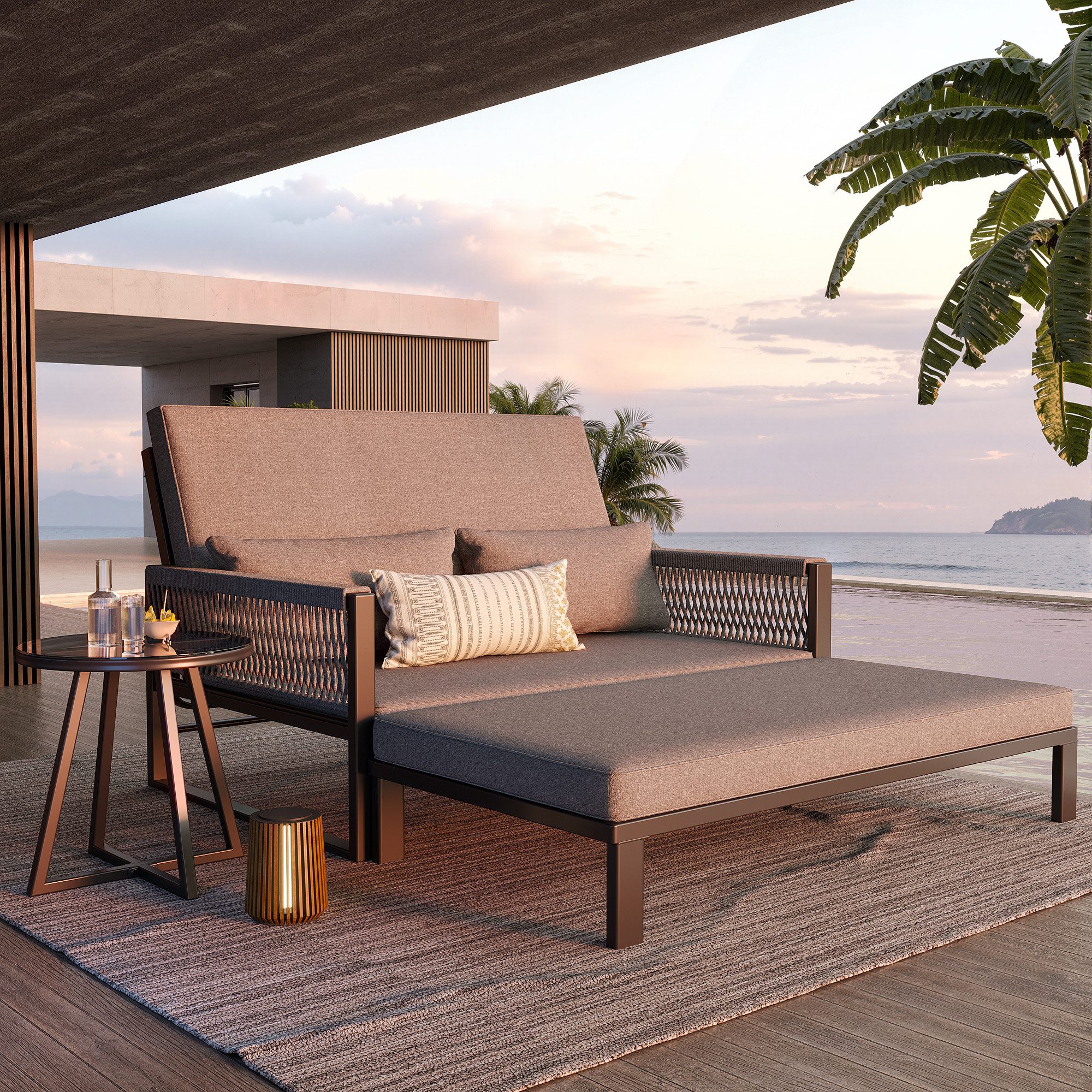 Flieks Gartenliege, Gartensofa Doppelliege mit Glas Tischplatte &verstellbarer Rückenlehne