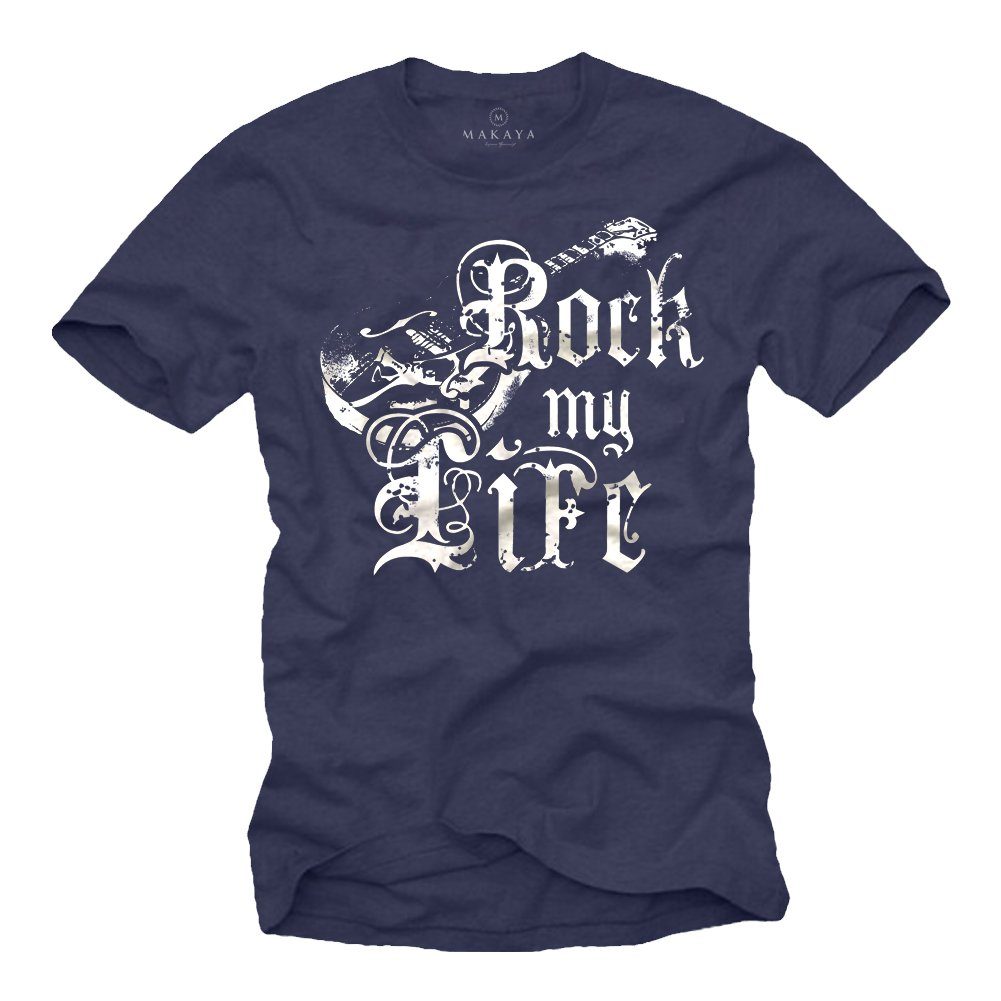 MAKAYA T-Shirt Herren Bandshirt Motiv Rock Gitarre Musik Band Geschenke Männer mit Druck, aus Baumwolle Blau