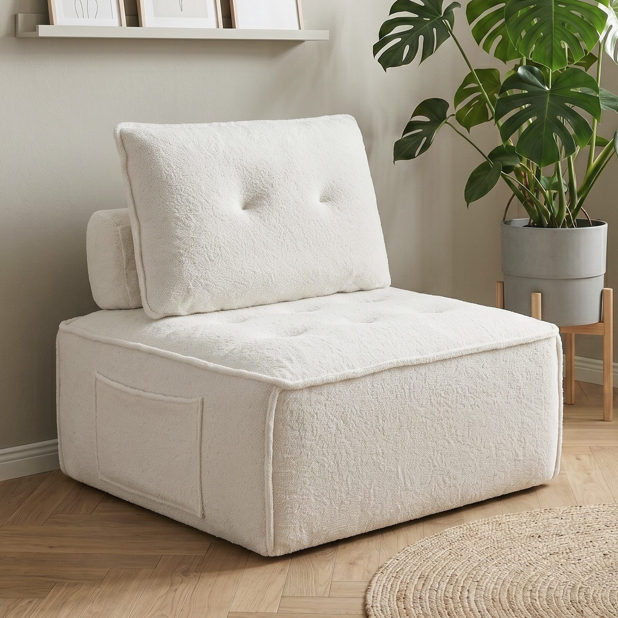 GLP Sitzsack Loungesessel mit Teddy-Bezug, 84 x 84 cm, mit Seitentasche, bis 150 kg (1 Teile, Ohne Montage), kompakter Bodensessel für Wohnzimmer, Schlafzimmer und kleine Räume
