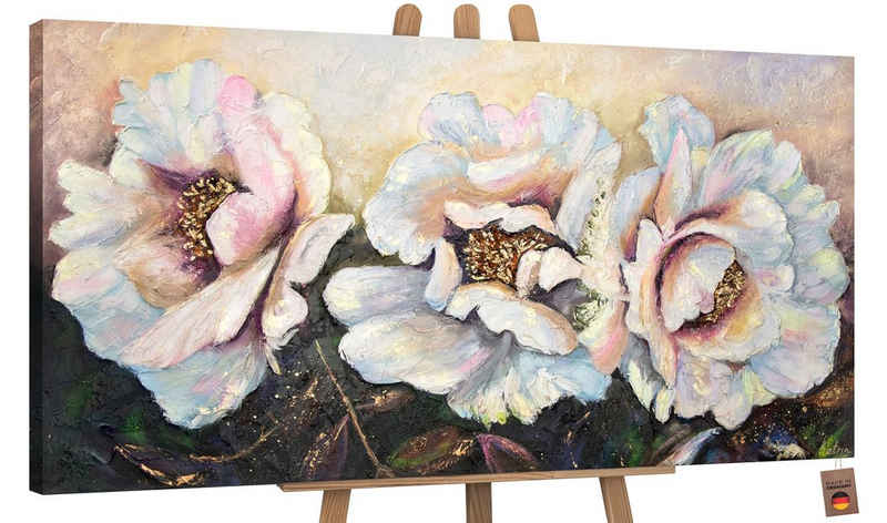 YS-Art Gemälde Pfingstrosen, Blumen, Pfingstrose Weiß Gold Schwarz Leinwand Bild Handgemalt