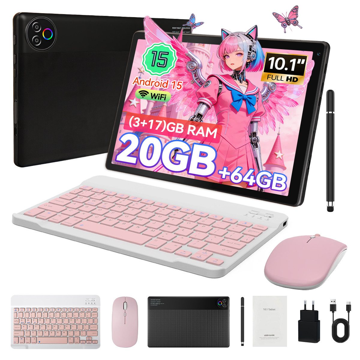 Happybe 10’’ HD Android 15, 20(3+17)GB RAM, 64GB, WiFi6 mit Tastatur und Stift Tablet (10", 64 GB, Android, WiFi6, Großbs Display Tablet mit Stift, Tastatur und Maus, Widevine L1)