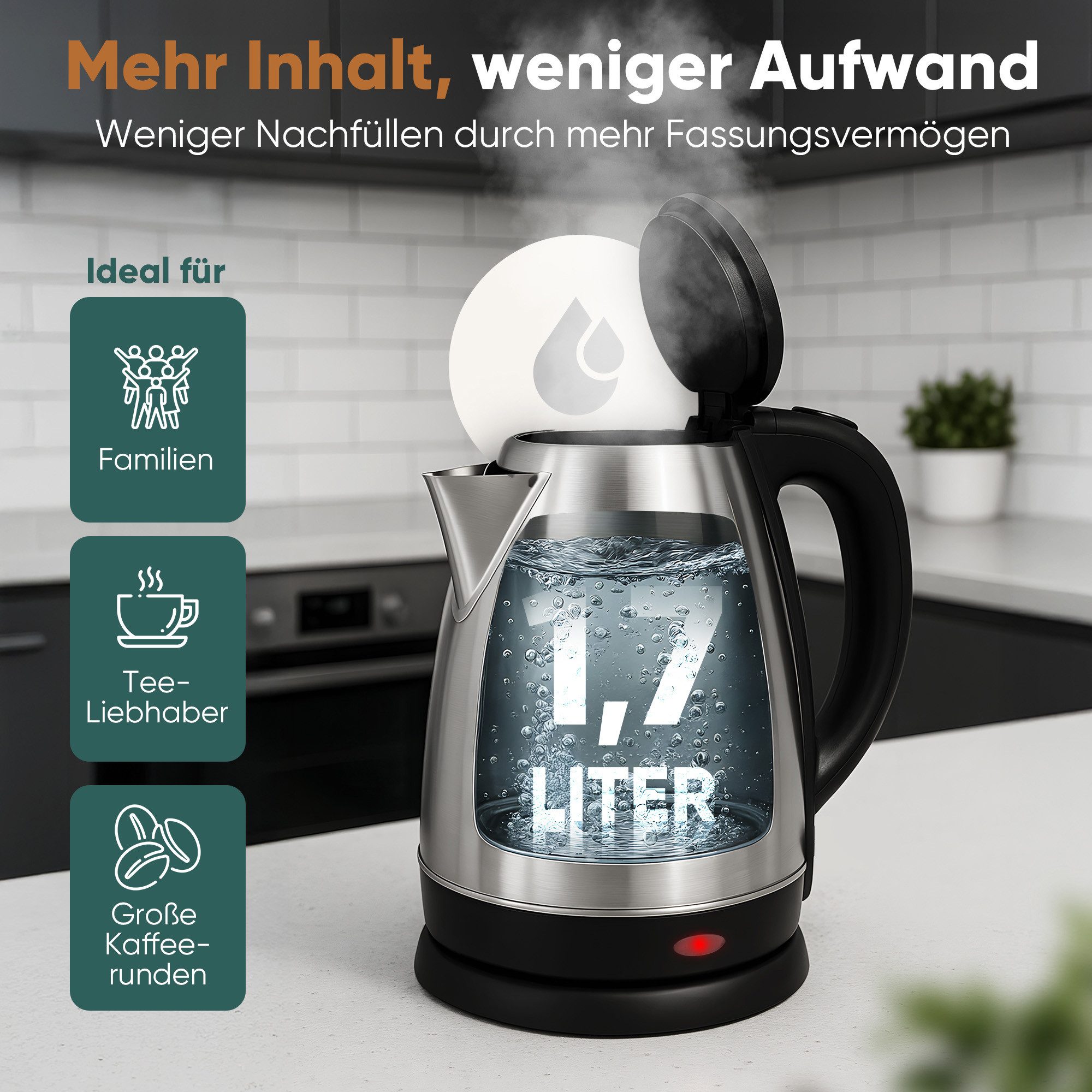 CLATRONIC Wasserkocher WKS 3830, Wasserkocher Edelstahl 1,7L, 2200W