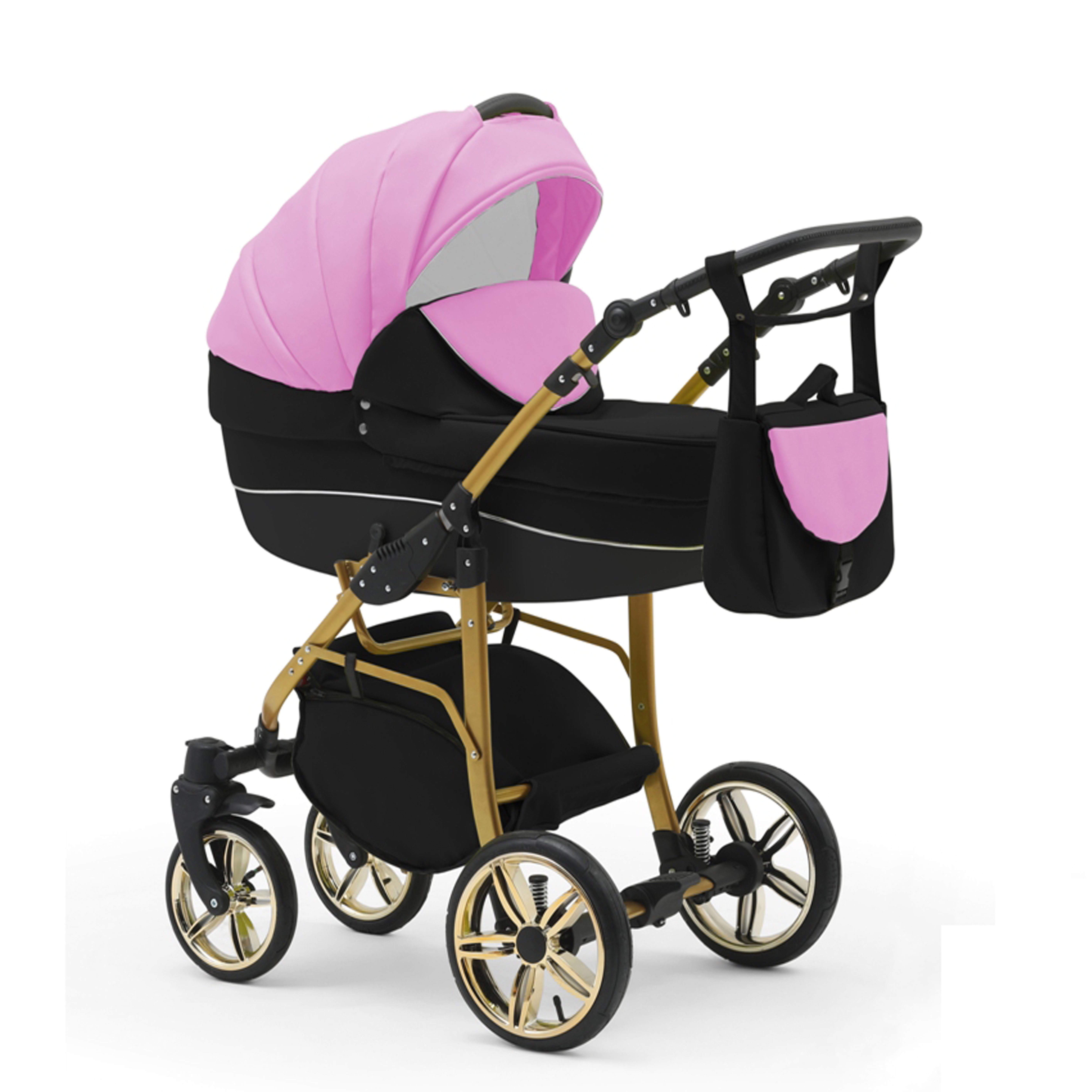 babies-on-wheels Kombi-Kinderwagen 2 in 1 Kinderwagen-Set Cosmo ECO Gold - 13 Teile - in 46 Farben Pink-Schwarz-Schwarz