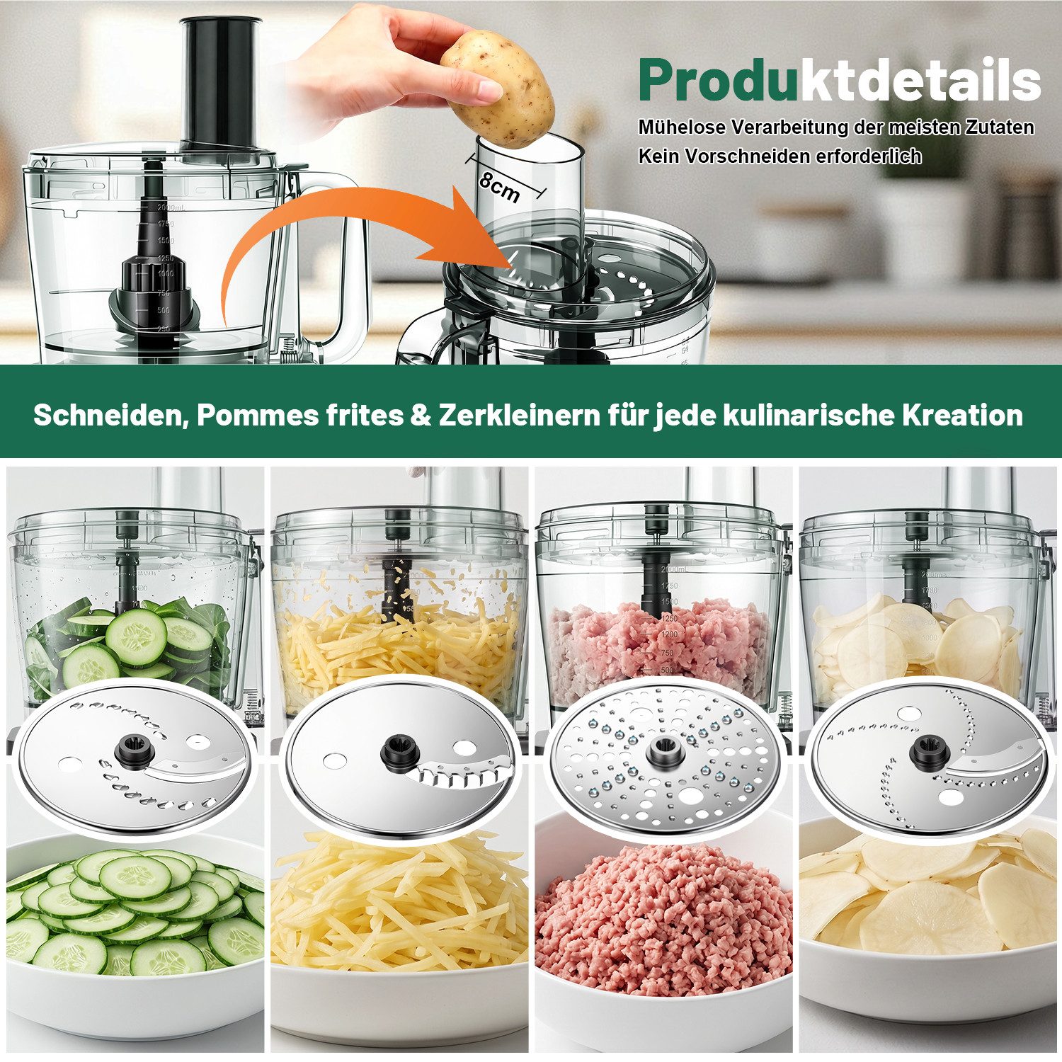 oyajia Küchenmaschine Mixer Kombination, 2,5L Zerkleinerer für Fleisch, Gemüse und Teig, 2L Standmixer mit Glasbehälter, 11 Geschwindigkeitsstufen&Pulsfunktion für Smoothies, Saft usw, 2000 W, 2,5 l Schüssel, Raspelscheiben Zitruspresse Zerkleinerer Eiscrusher Power