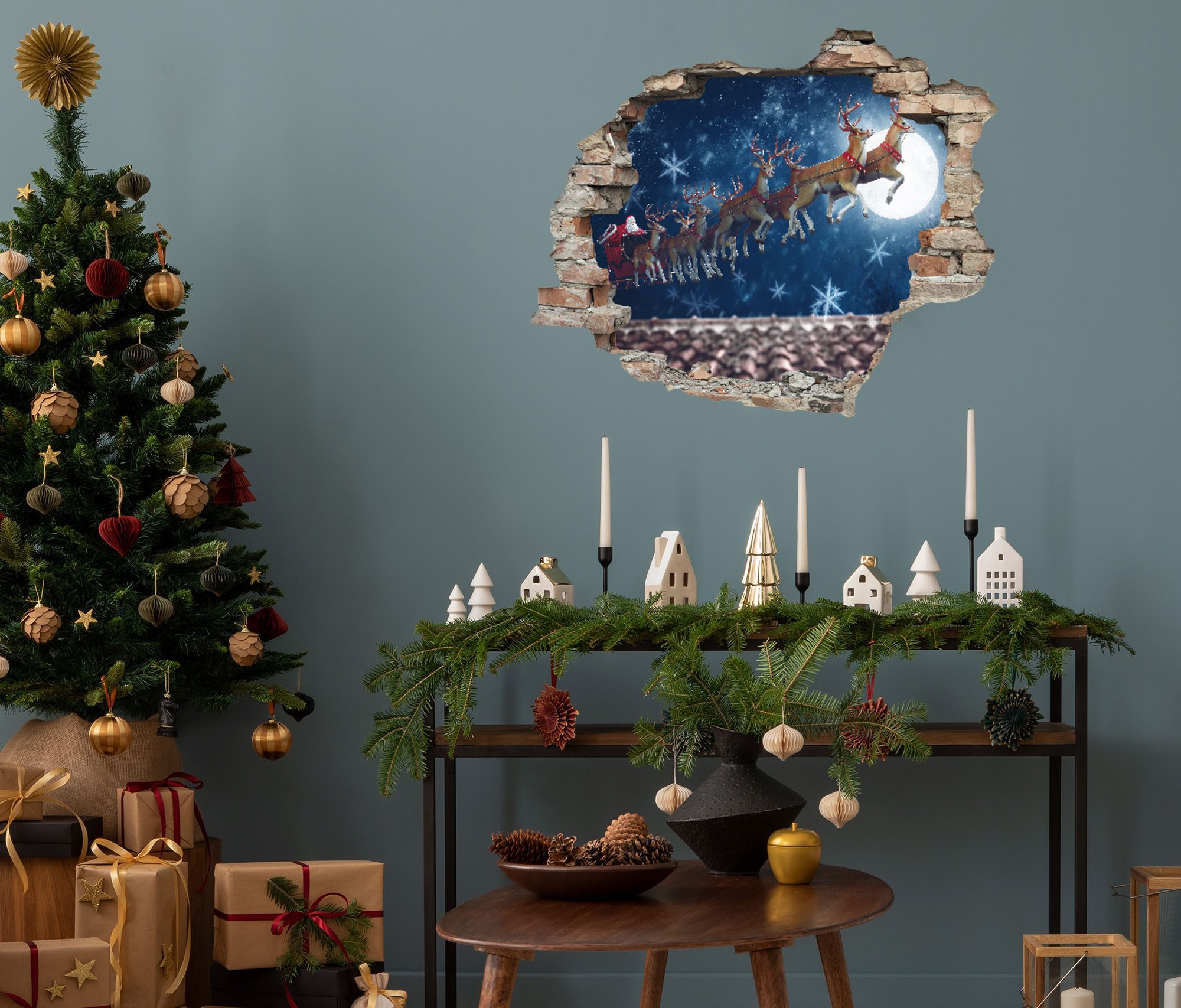 queence 3D-Wandtattoo Rehntiere am Himmel (1 St), selbstklebender Wandsticker Weihnachten