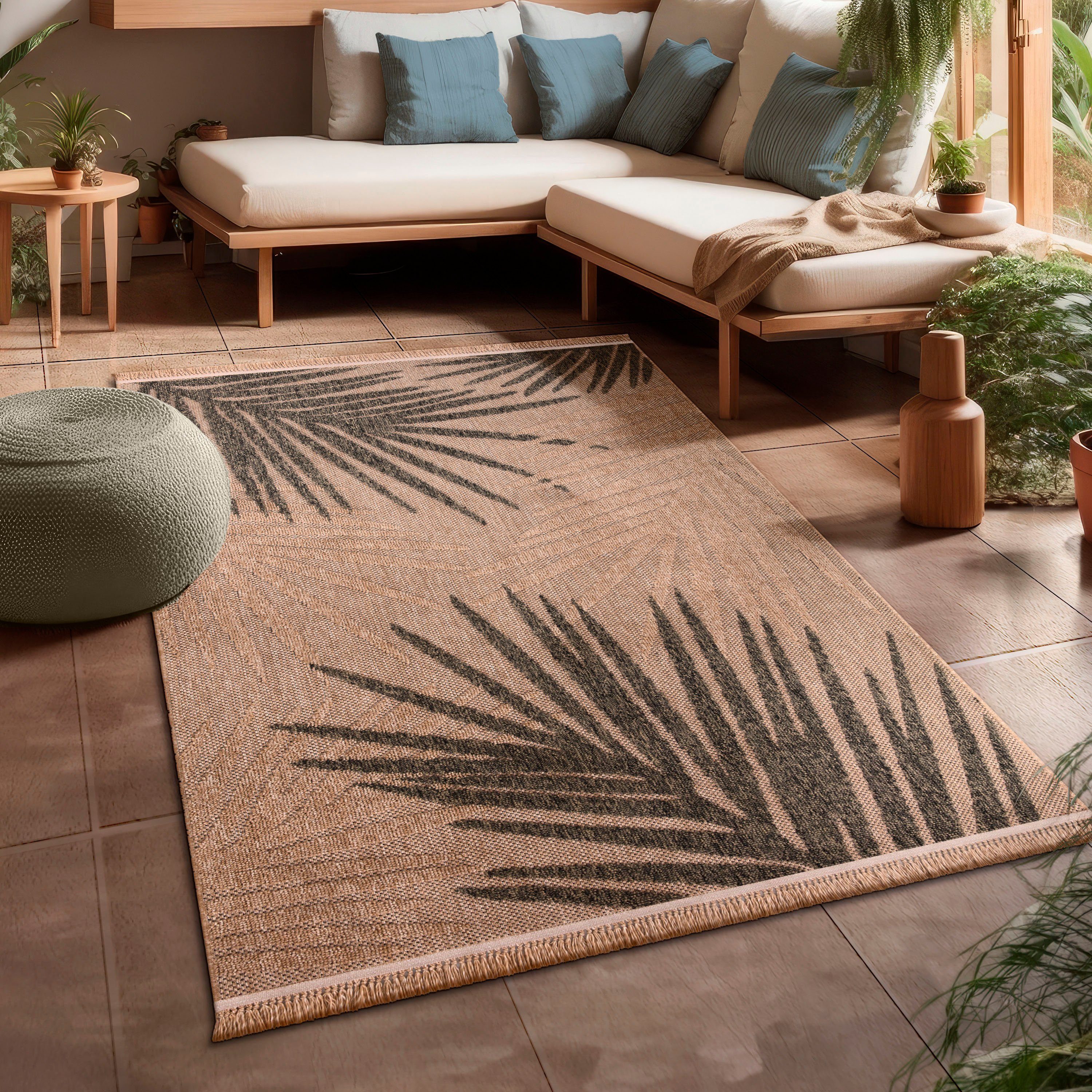Paco Home Teppich Cologne 491, rechteckig, Höhe: 11 mm, Flachgewebe, Blätter, Hoch-Tief Effekt, mit Fransen, Outdoor geeignet