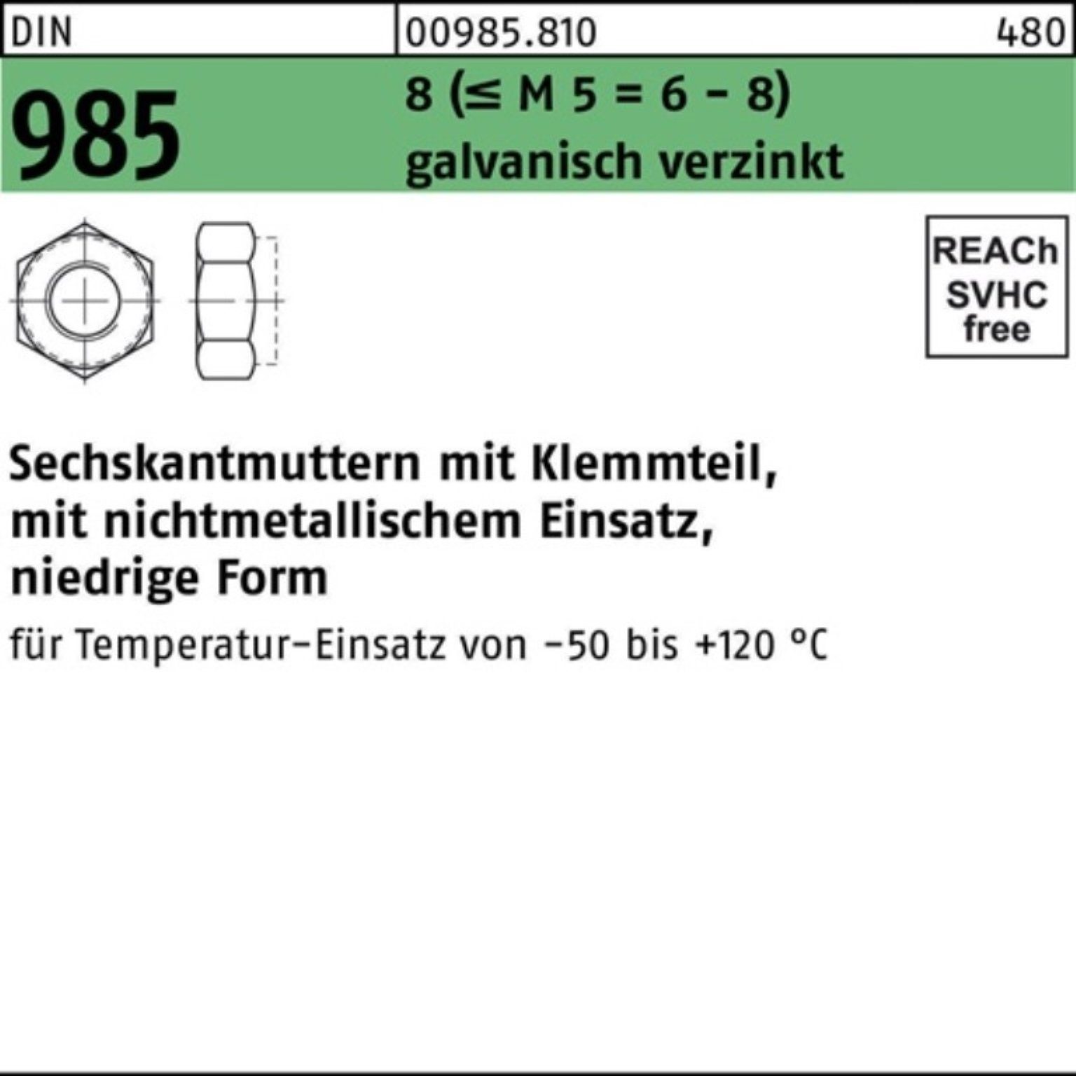 Reyher Muttern 100er Pack Sechskantmutter DIN 985 Klemmteil M6 8 (M 5 = 6/8) galv.v