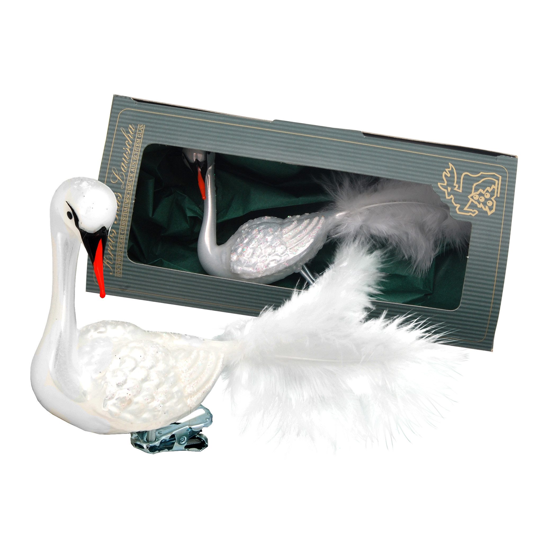 Krebs Glas Lauscha Weihnachtsbaumklammer Glasfigur auf Clip - perlweißer Schwan mit Feder - ca. 9 cm, anmutiger und eleganter Christbaumschmuck - für jeden Stil geeignet