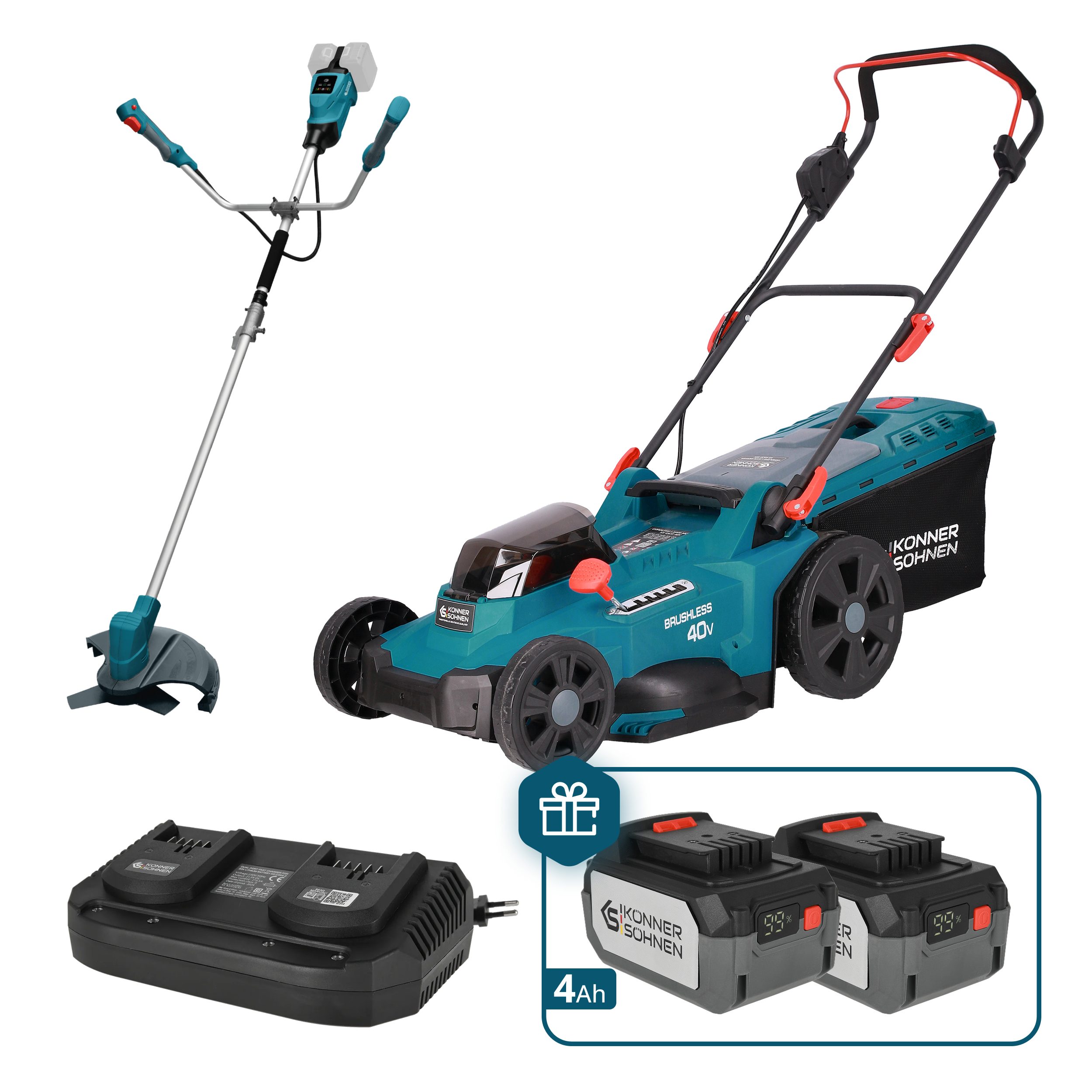 Könner & Söhnen Akkurasenmäher KS 43LM-BCT40V-SET, (Akku-Rasenpflege-Set mit Mäher, Trimmer, 2 Akkus & Ladegerät, Inklusive 2x 4Ah Akkus als Geschenk + schnelles Doppelladegerät), Bürstenlose Motoren, Mulchfunktion, 40V Power, Tap&Go