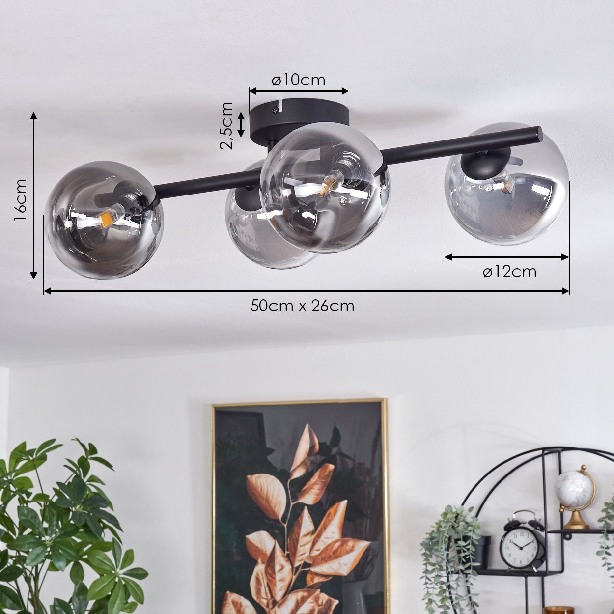 hofstein Deckenleuchte Deckenlampe aus Metall/Glas in Schwarz/Rauchfarben/Klar, ohne Leuchtmittel, Leuchte im Retro-Design aus Glas, 4 x G9 LED, ohne Leuchtmitt – Bild 4 von 5