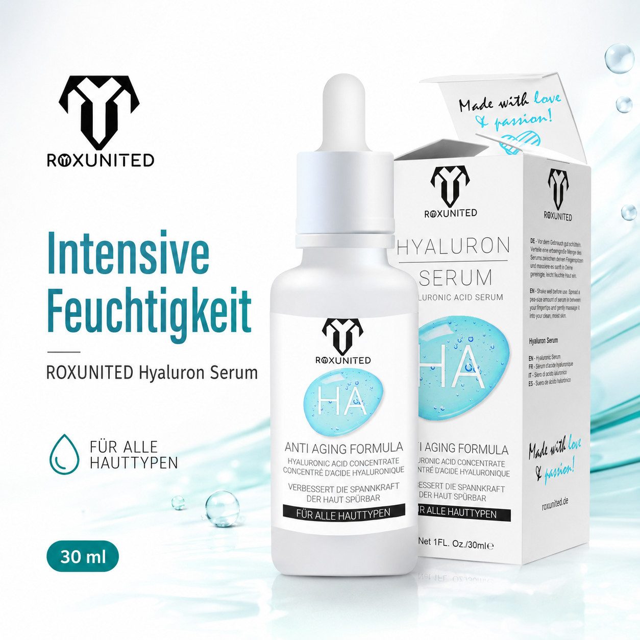 ROXUNITED Gesichtsserum Hyaluron Serum Gesicht [Vergleichssieger] Hormonfrei alle Hauttypen, Gesicht, Hals, Dekolletê