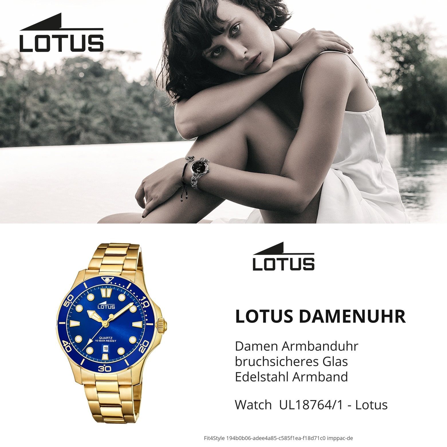 Lotus Quarzuhr Lotus Damen Damenuhr Sport mittel 39mm) Armbanduhr (ca. Edelstahlarmband gold rund, 18764/1