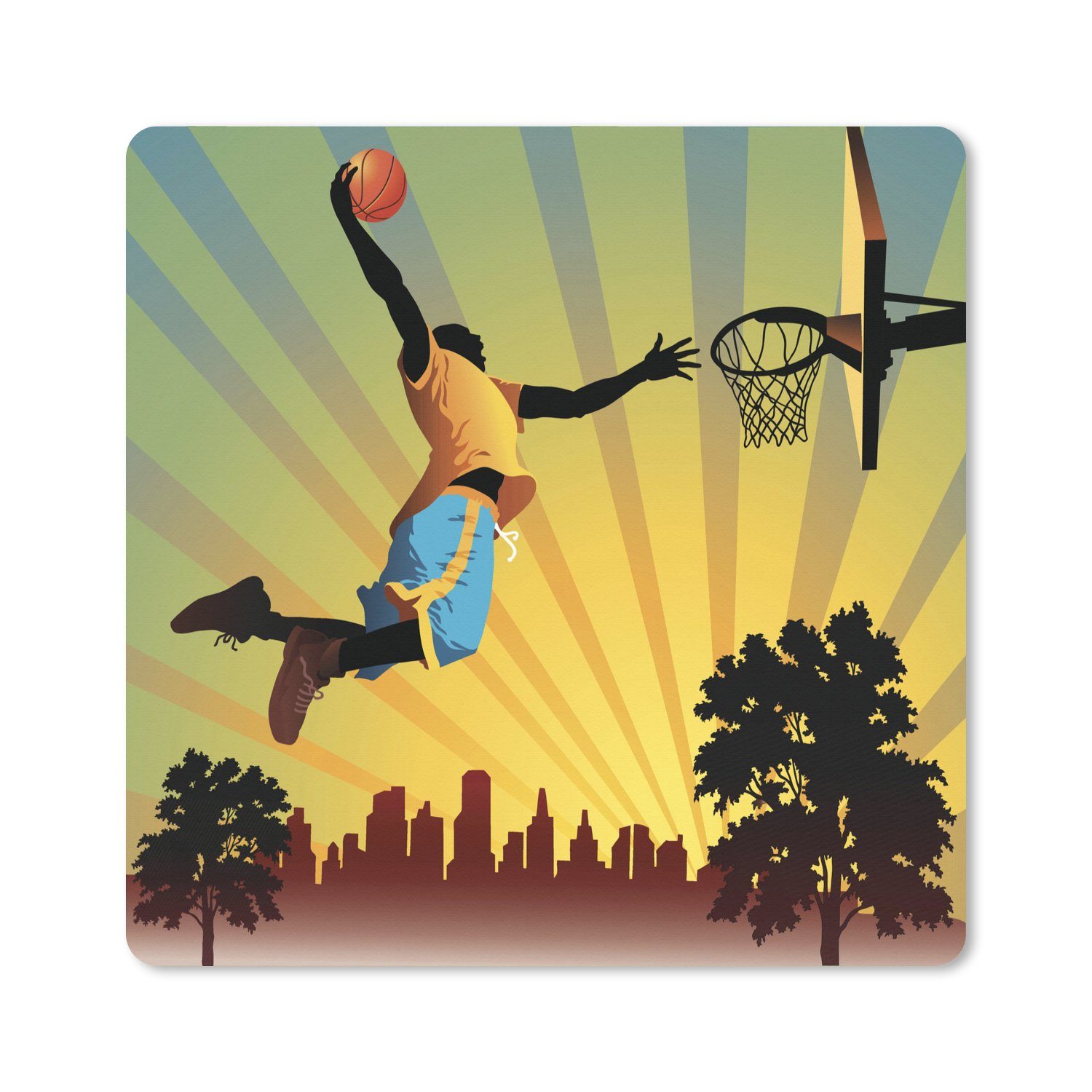 MuchoWow Gaming Mauspad Ein stilvoller Basketballspieler wirft in einer Illustration (1-St), Gaming, Rutschfester Unterseite, Mausunterlage, 50x50 cm, XXL, Großes