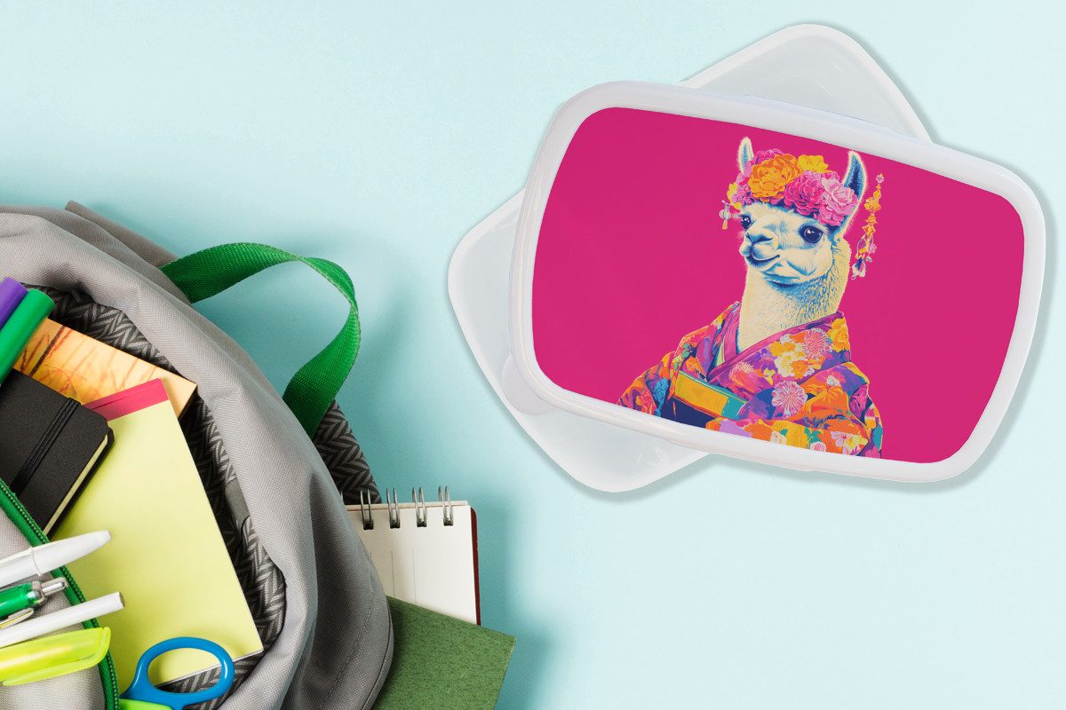 MuchoWow Lunchbox Lama - Kimono - Blumenkranz - Hellrosa, Kunststoff, (2-tlg), Brotdose Schule oder Arbeit, Brotbox für Kinder und Erwachsene