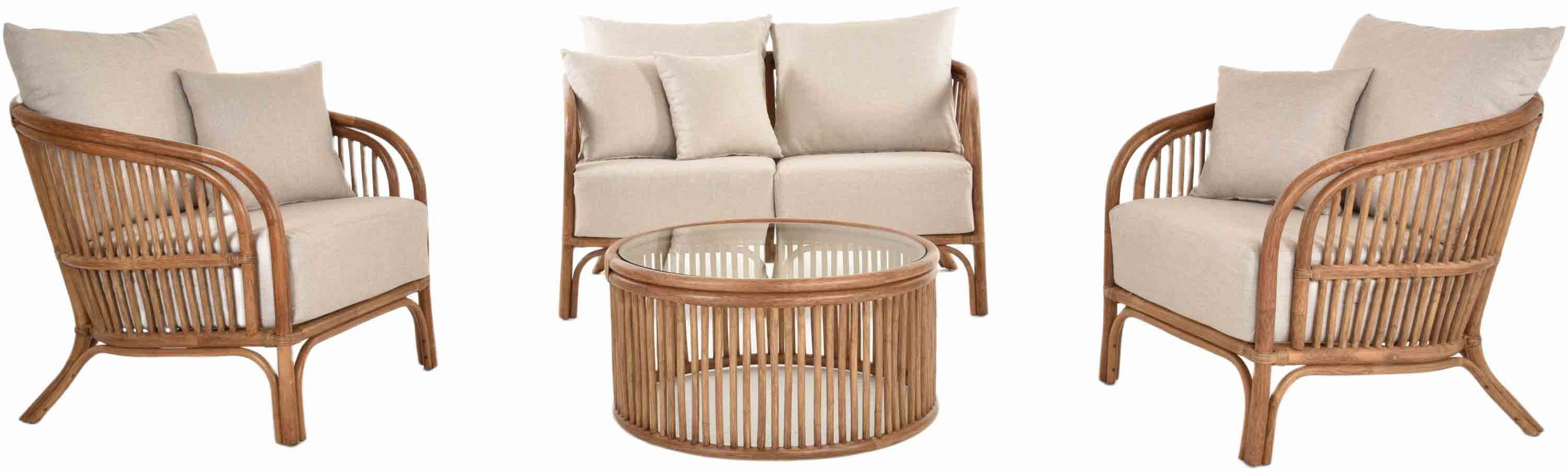 Krines Home Sitzgruppe Rattangruppe Finoo 4-teilig Rattan Gartenmöbel Set Sitzgruppe mit Sofa, (4-tlg), mit Sofa, Sesseln und Glastisch