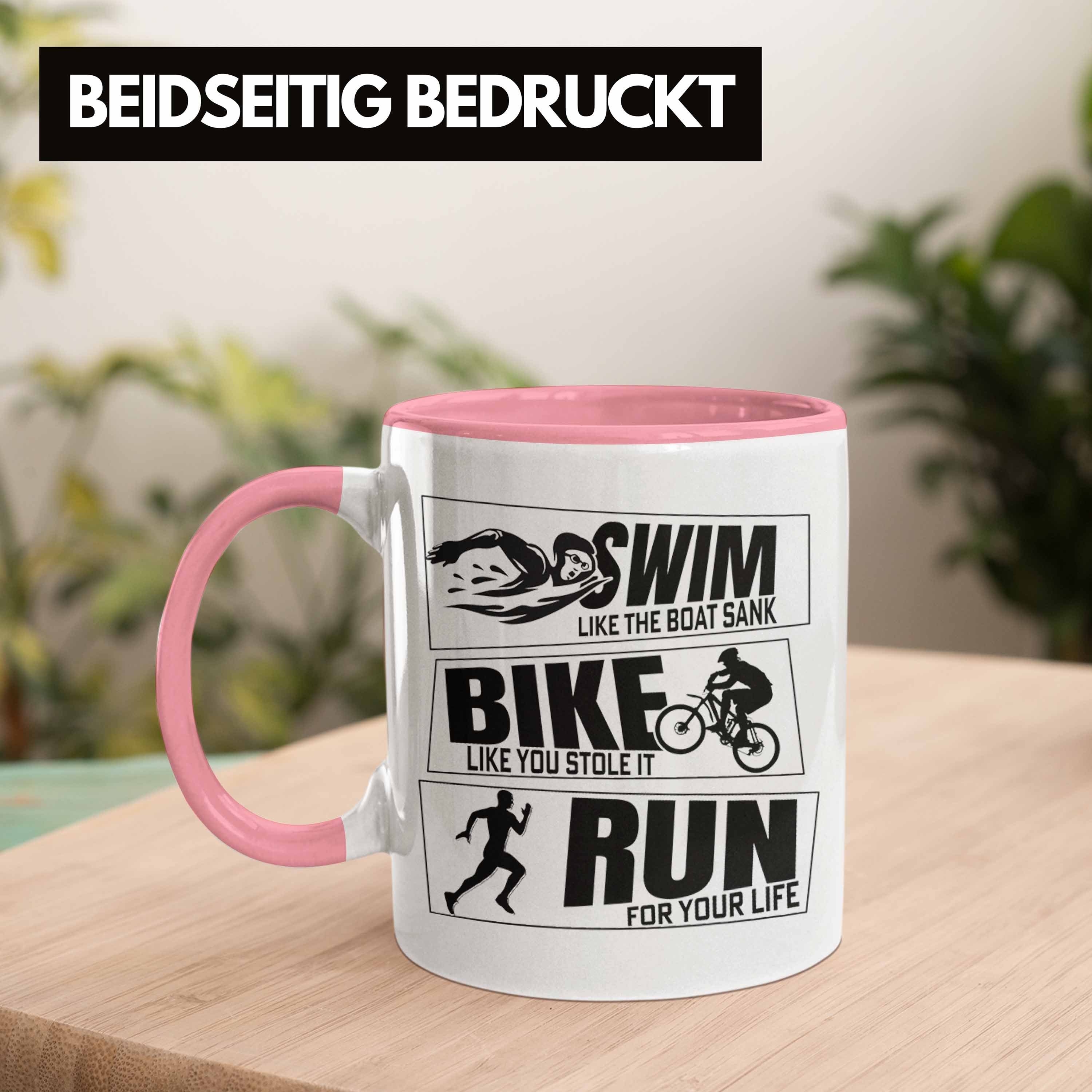 Tasse Trendation Triathlon Bike Geschenkidee für Sportl Geschenk Rosa Spruch Run Swim Tasse