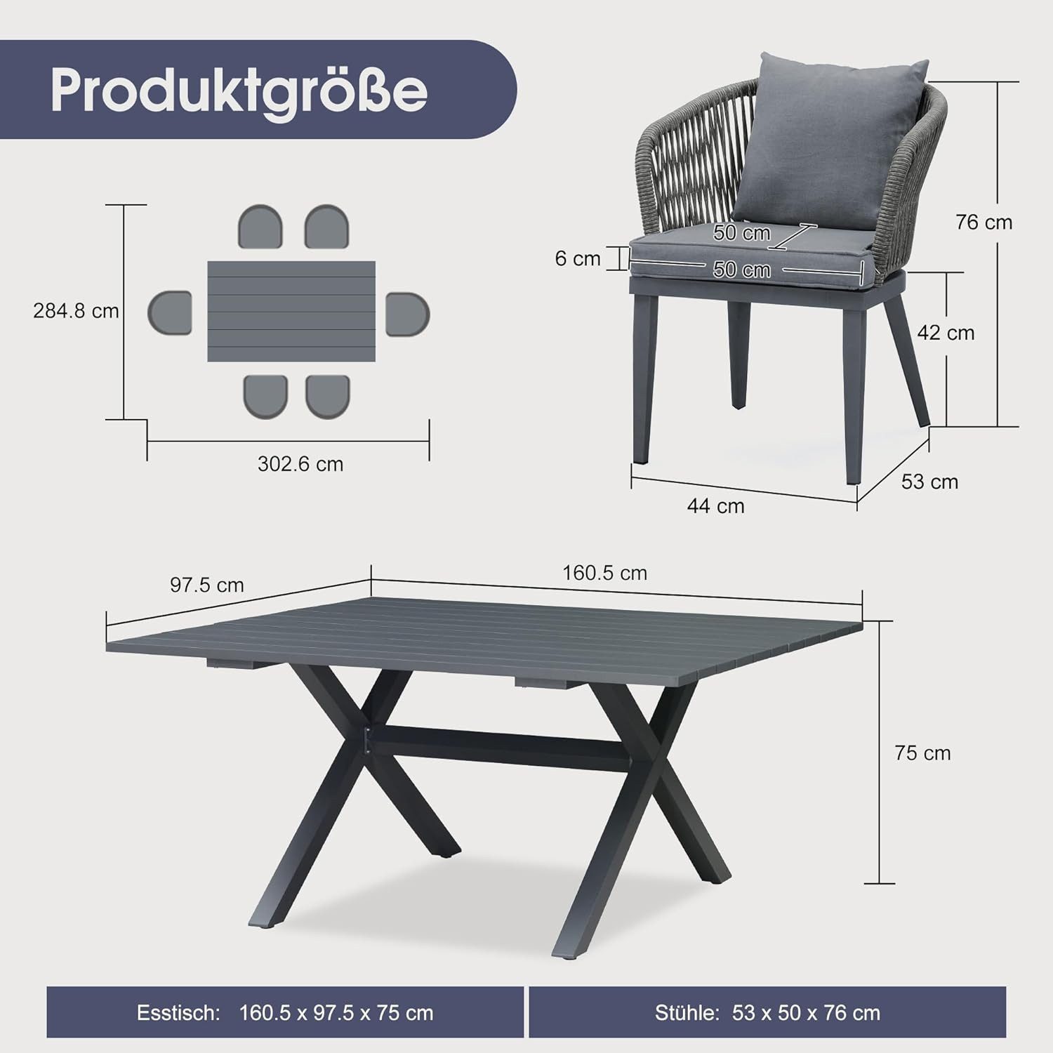 PURPLE LEAF Garten-Essgruppe PE-Rattan mit Aluminiumrahmen, witterungsbeständig, (Set, 1 Tisch, 6 Stuhle), mit Kissen und Rückenlehne