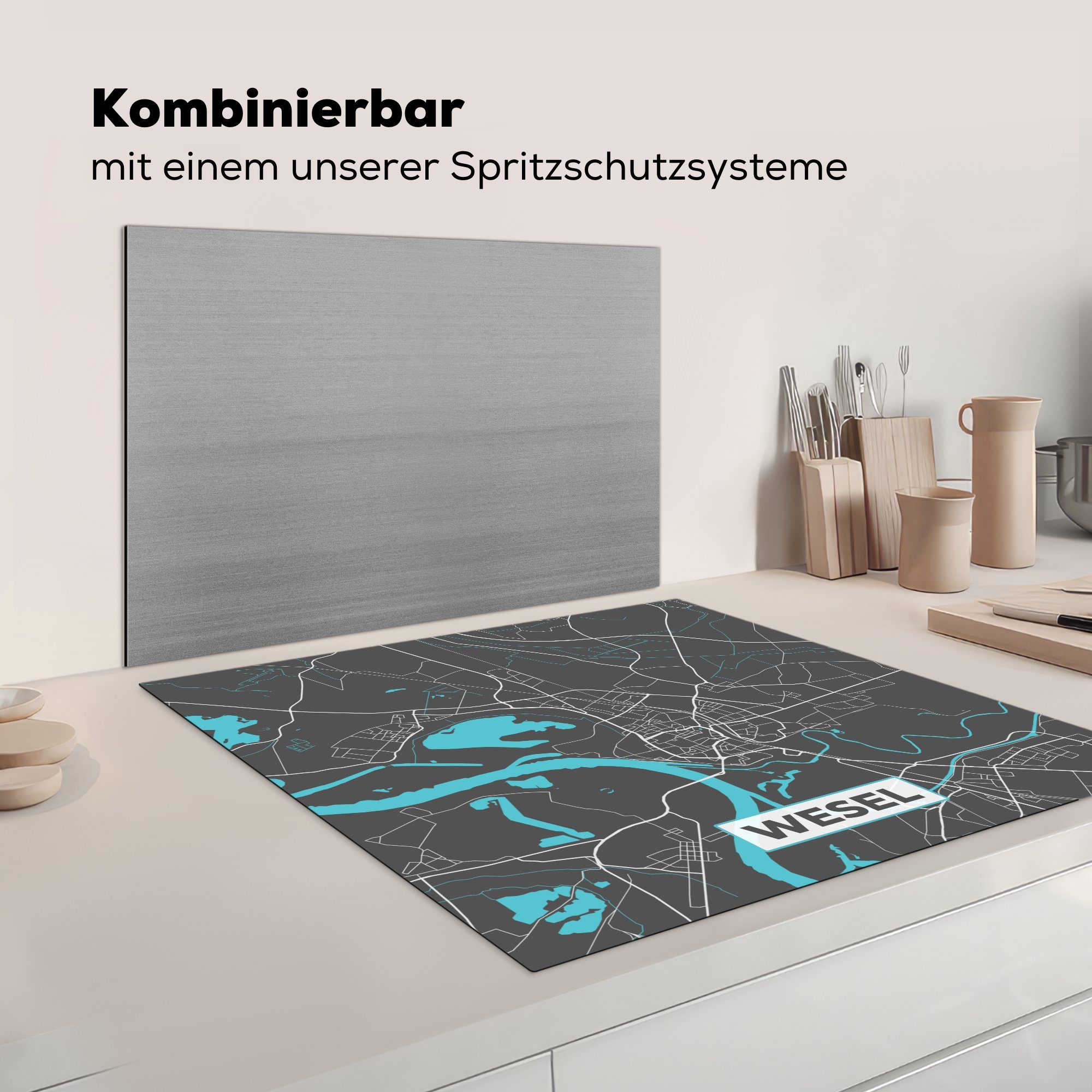 MuchoWow Herdblende-/Abdeckplatte Deutschland - Blau - Vinyl, Arbeitsplatte cm, Wesel Stadtplan Karte, küche für 78x78 - Ceranfeldabdeckung, tlg), (1 