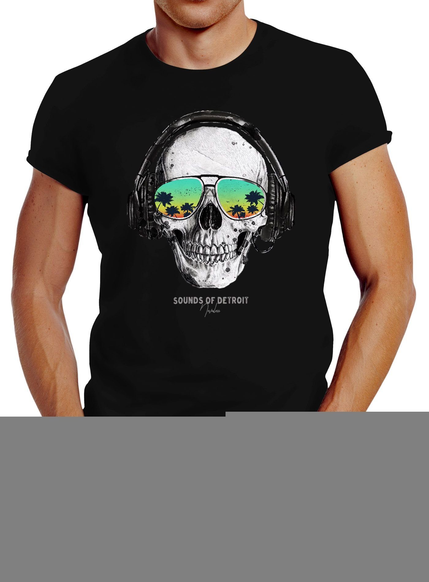 Neverless Print-Shirt Herren T-Shirt Totenkopf Kopfhörer Musik Party Skull Sonnenbrille Schädel Sounds of Detroit Music Slim Fit Neverless® mit Print