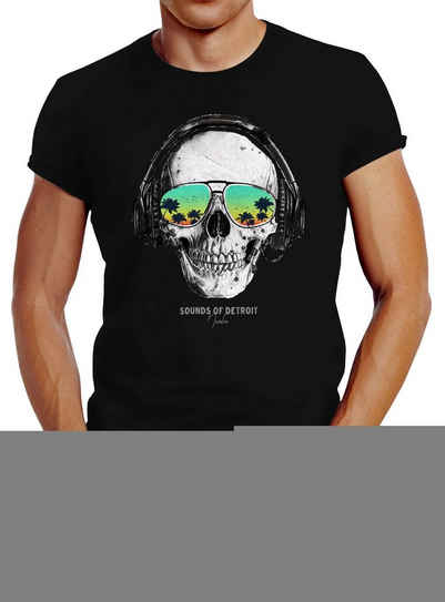 Neverless Print-Shirt »Herren T-Shirt Totenkopf Kopfhörer Musik Party Skull Sonnenbrille Schädel Sounds of Detroit Music Slim Fit Neverless®« mit Print