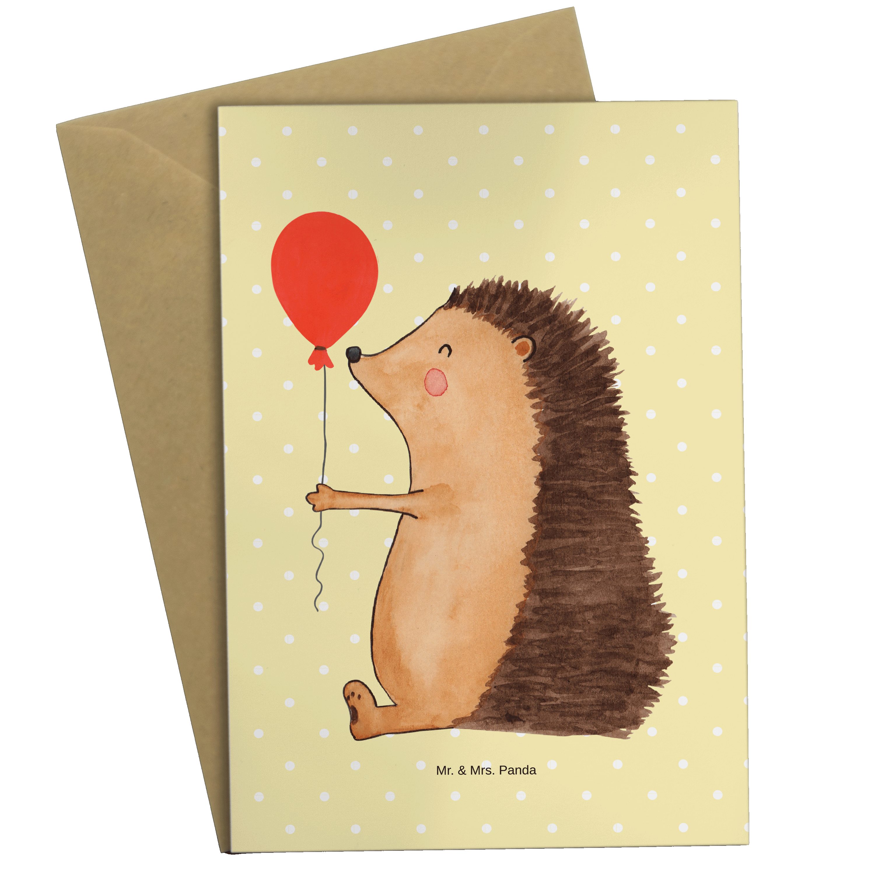 Mr. & Mrs. Panda Grußkarte Igel Luftballon - Gelb Pastell - Geschenk, lustige Sprüche, Geburtsta, Einzigartige Motive