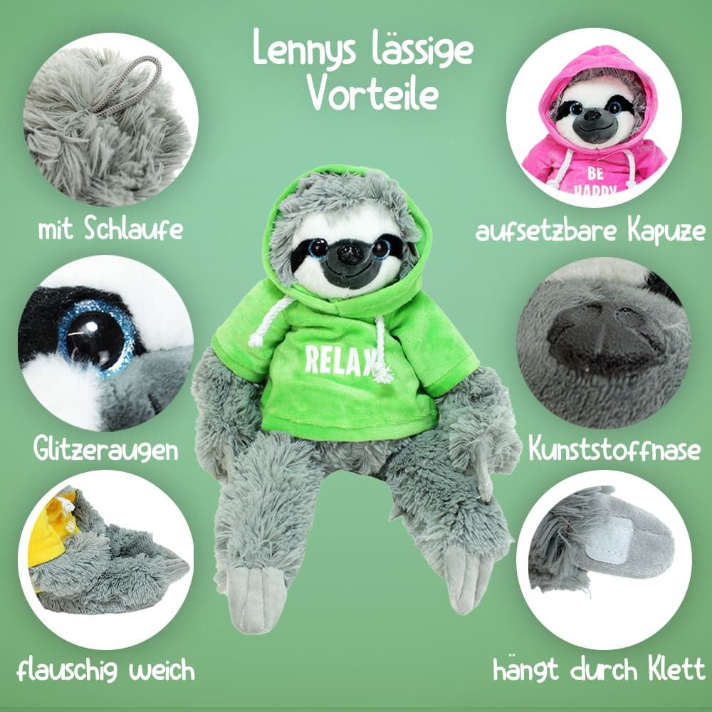 Rasehorn Kuscheltier Faultier Stofftier mit Kapuze Kuscheltier mit Glitzeraugen und Spruch