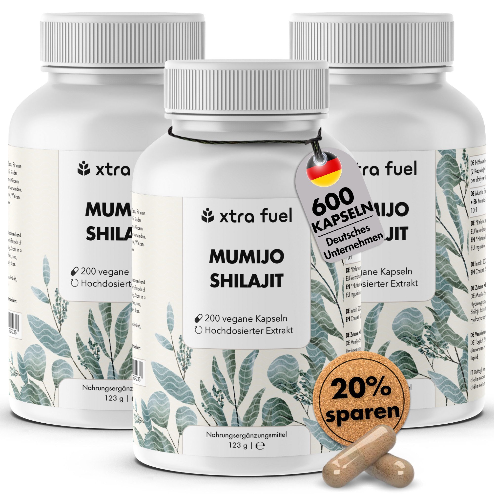 XTRA FUEL Mumijo Shilajit hochdosiert - 200 Kapseln, 80% Fulvin- & Huminsäure Kapseln, 369 g