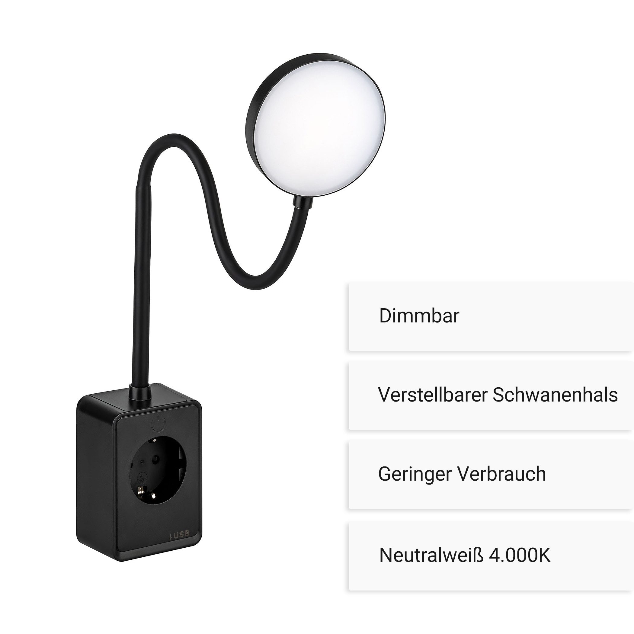 SEBSON LED Steckdosenleuchte LED Steckdosenleuchte dimmbar mit Flexarm, USB, Ein- und Ausschalter, LED integriert, neutralweiß, USB-A Anschluss, USB-C Anschluss – Bild 2 von 5