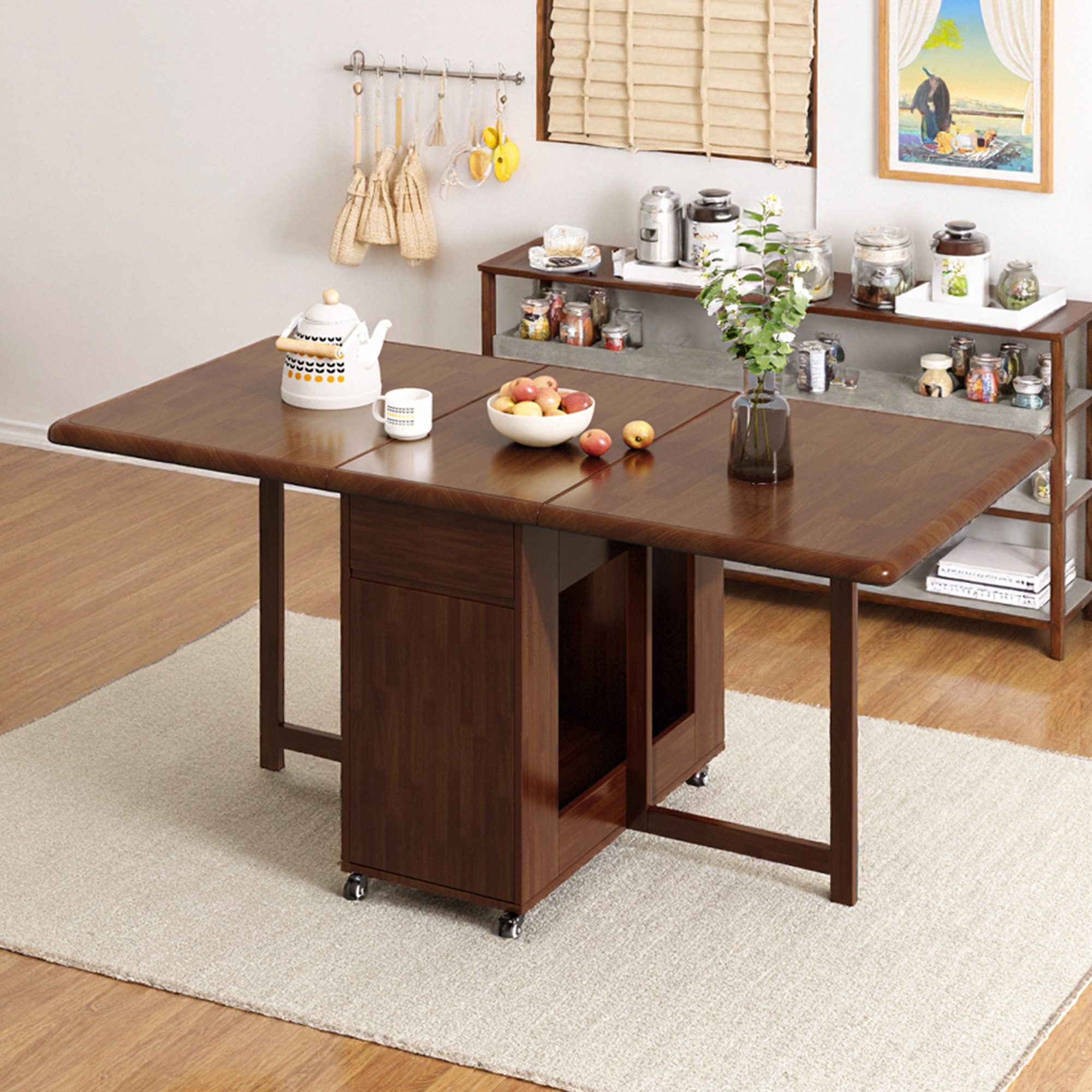 oleyluckidea Esstisch klappbar Massivholz Klapptisch 130 cm mit Stauraum & Rollen Nussbaum (0-St., ein Esstisch), Breite 13Ocm
