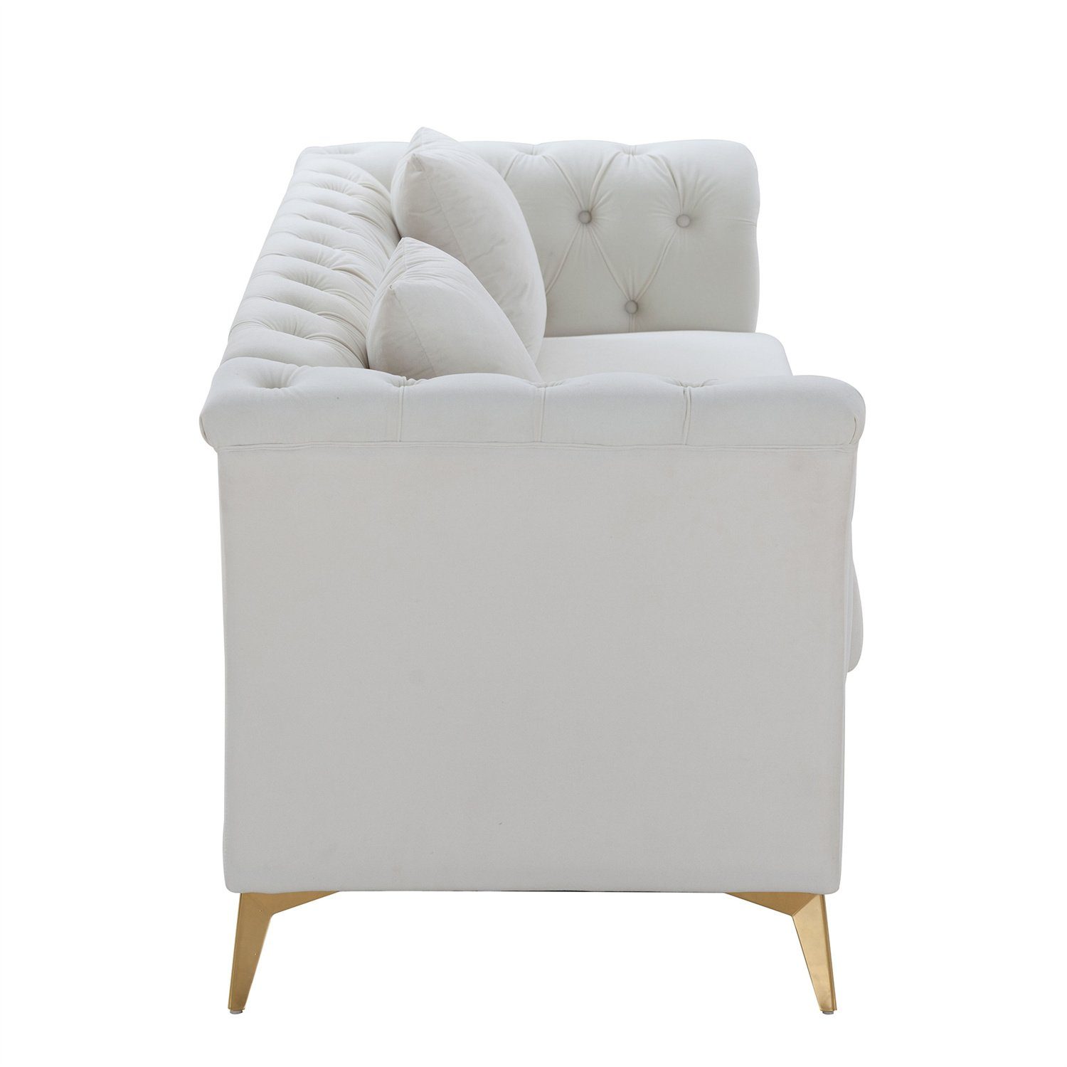 3-Sitzer, mit edler Knopfheftung und gepolsterten Armlehnen, inklusive Federkern, Polstersofa mit 2 Zierkissen, Metallbein, Chesterfield-Optik