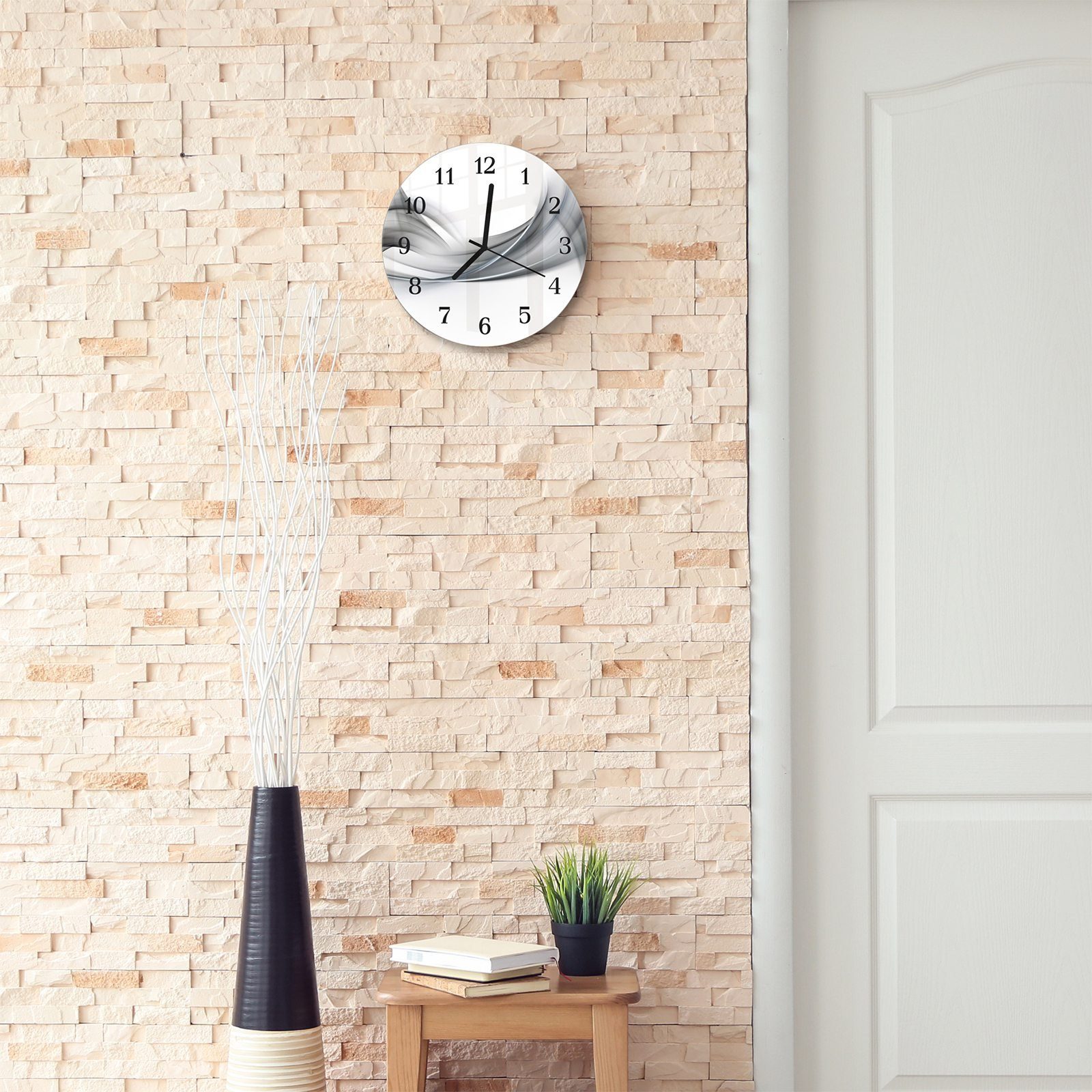 Primedeco Wanduhr Grauer mit abstrakt Wanduhr aus - und 30 Glas Motiv Durchmesser Rauch cm mit Quarzuhrwerk Rund