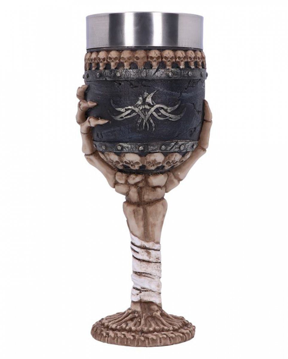 Dekofigur Skelett Kelch mit Knochenhand & Totenköpfe 19 cm
