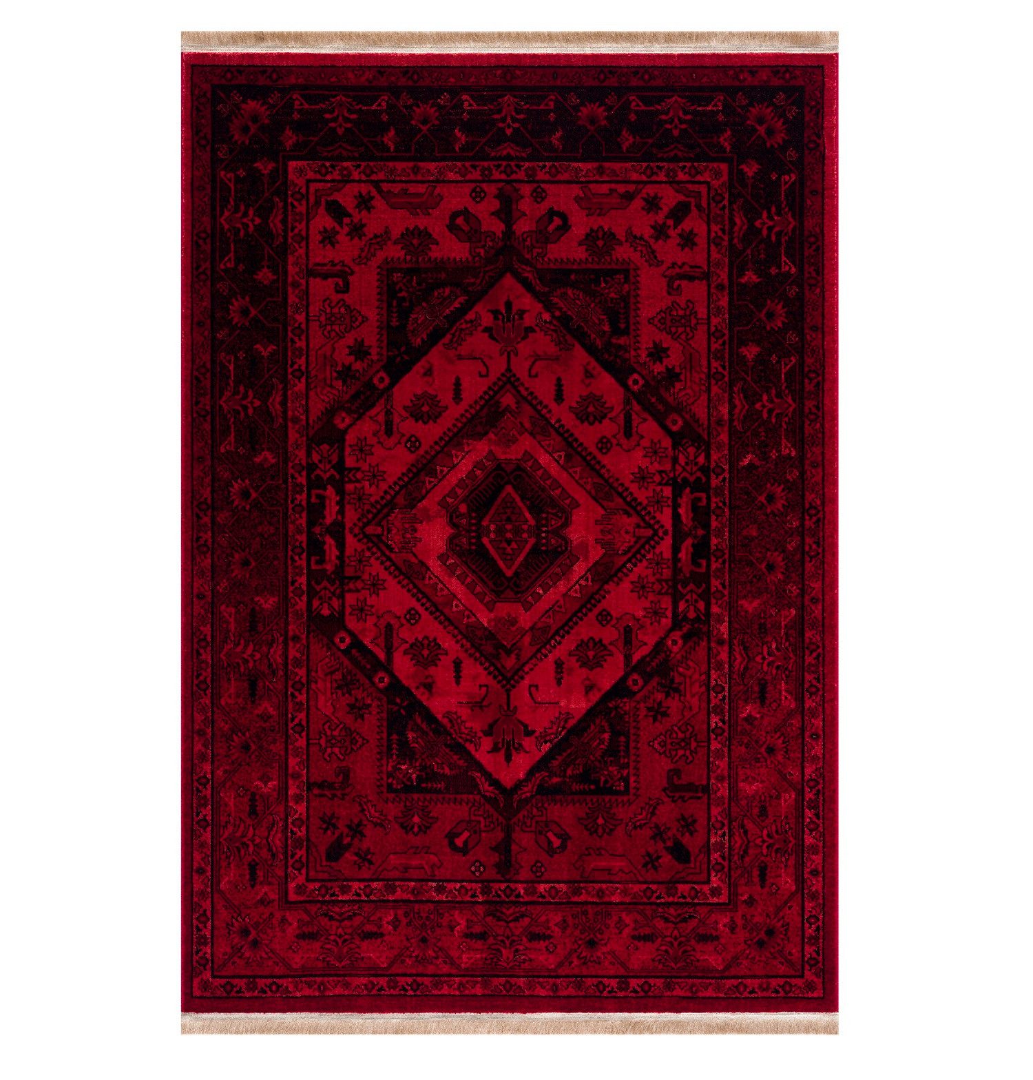 Vimoda Orientteppich ROYAL, in modern Rot mit eleganten Fransen luxuriös, ca. 2500 g/m², rechteckig, Höhe: 10 mm, weich, pflegeleicht, orientalisches Muster, für Wohnzimmer & Flur