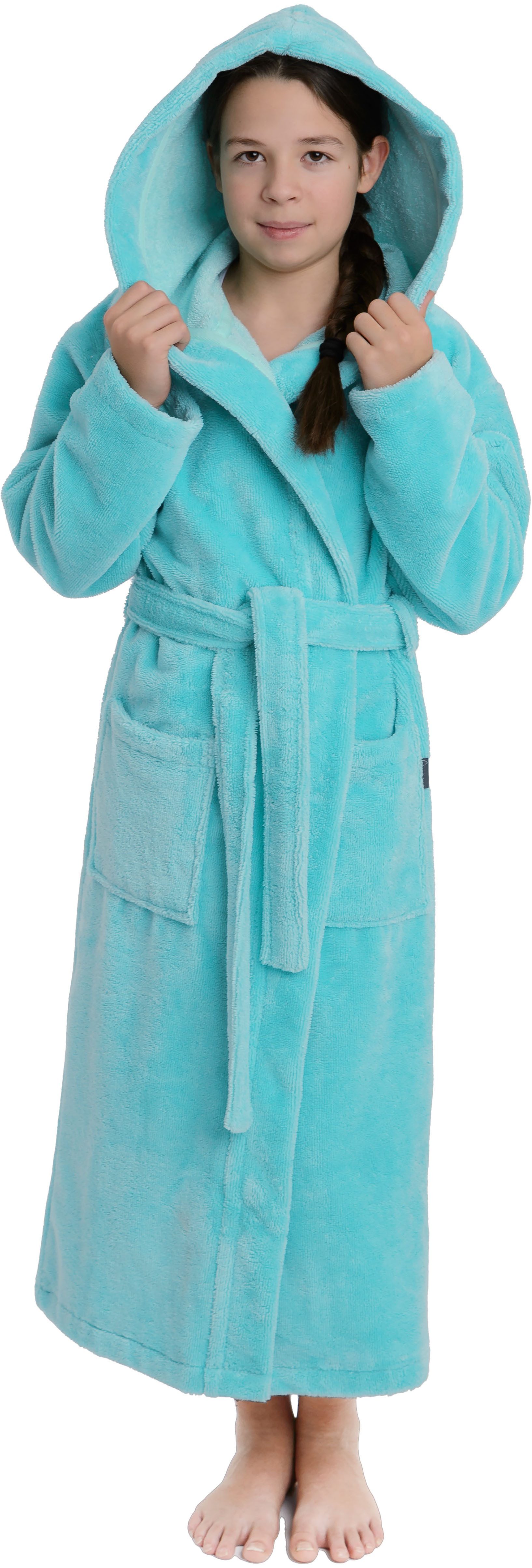 Wewo fashion Kinderbademantel 8514, Midilänge, Baumwoll-Mix, Kapuze, Gürtel, mit kuscheliger Kapuze