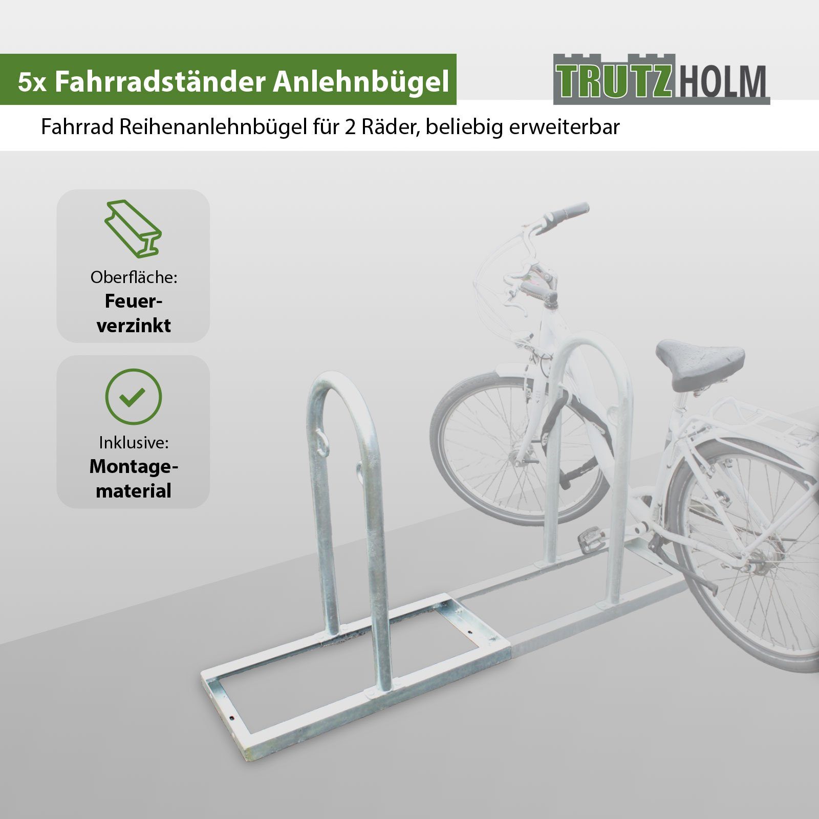 TRUTZHOLM Fahrradständer 10 x Fahrradanlehnbügel 90 x 84 cm Stahl feuerverzinkt Ø 49 mm grau, freistehend