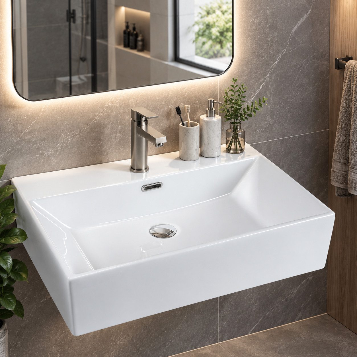 Ledklang Waschbecken Aufsatzwaschbecken Keramik eckig 51/60cm klein Waschschale Badezimmer, kleine Waschschale platzsparend für Badezimmer