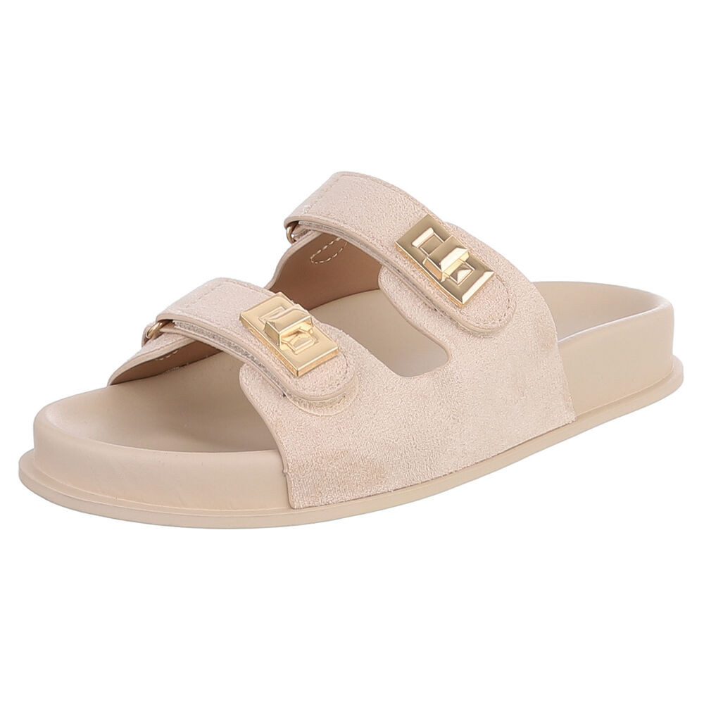 Ital-Design Damen Slipper mit Schnallen und Komfortsohle Pantolette (91742297) Flach Pantoletten in Beige