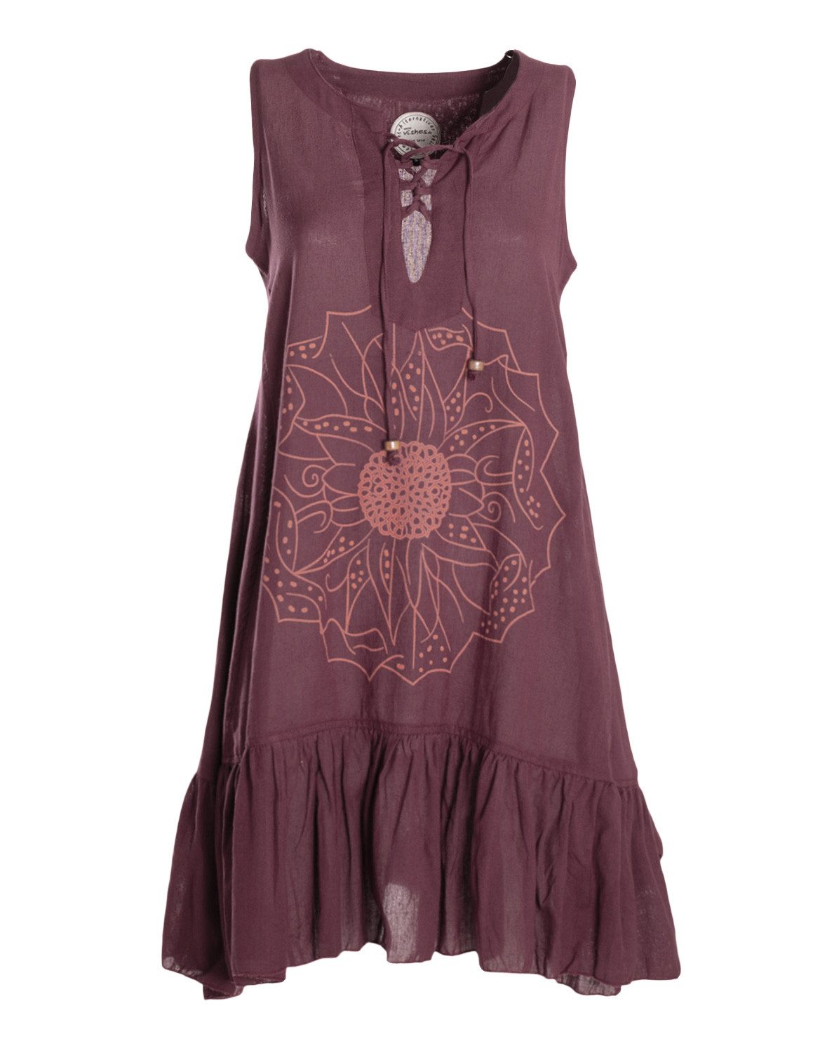 Vishes Tunikakleid Damen Hängerkleid Baumwolle Blumen Lagenlook mit Schnüren Holzperlen Alternative Bekleidung, Ethno, Hippie, Retro Style