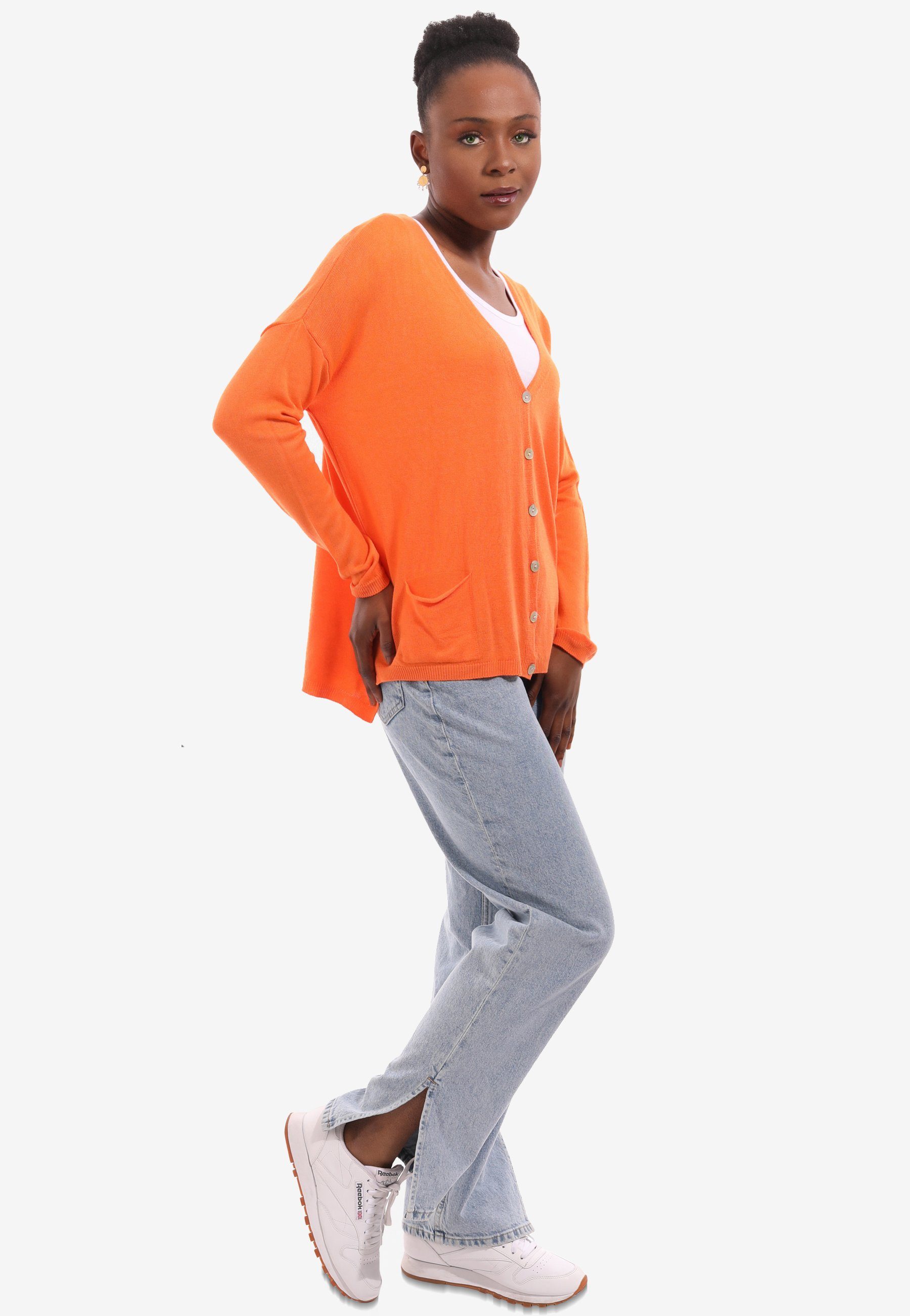 mit locker Fashion Style (1-tlg) - in Feinstrick Cardigan geknöpft, geschnitten, YC Unifarbe, Cardigan & Vorne orange Knopfleiste