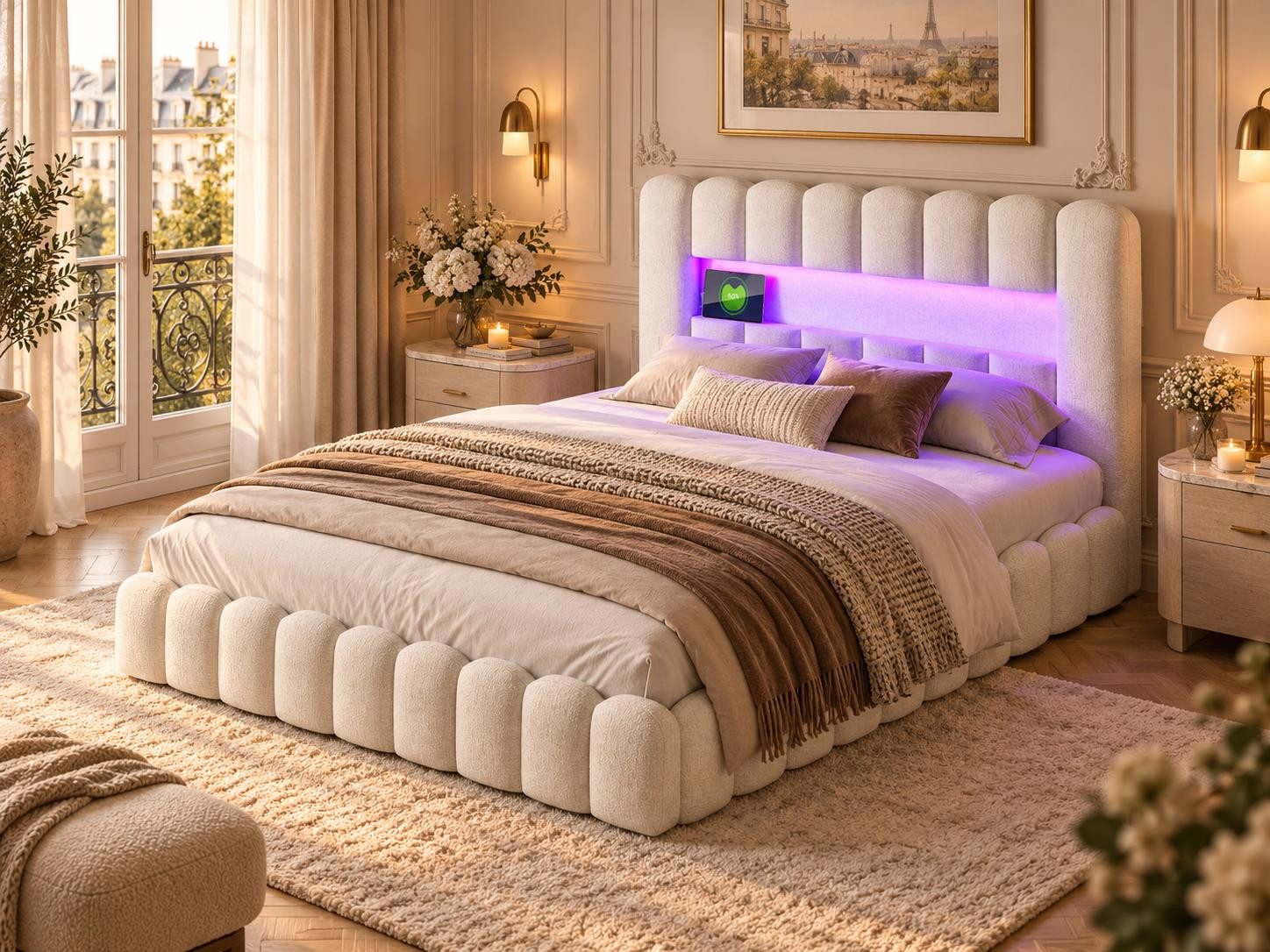 Simurq Polsterbett 160x200 cm LED Stauraumbett mit Ladefunktion (Leinenmaterial Polsterbett mit RGB Beleuchtung), Modernes Jugendbett, …