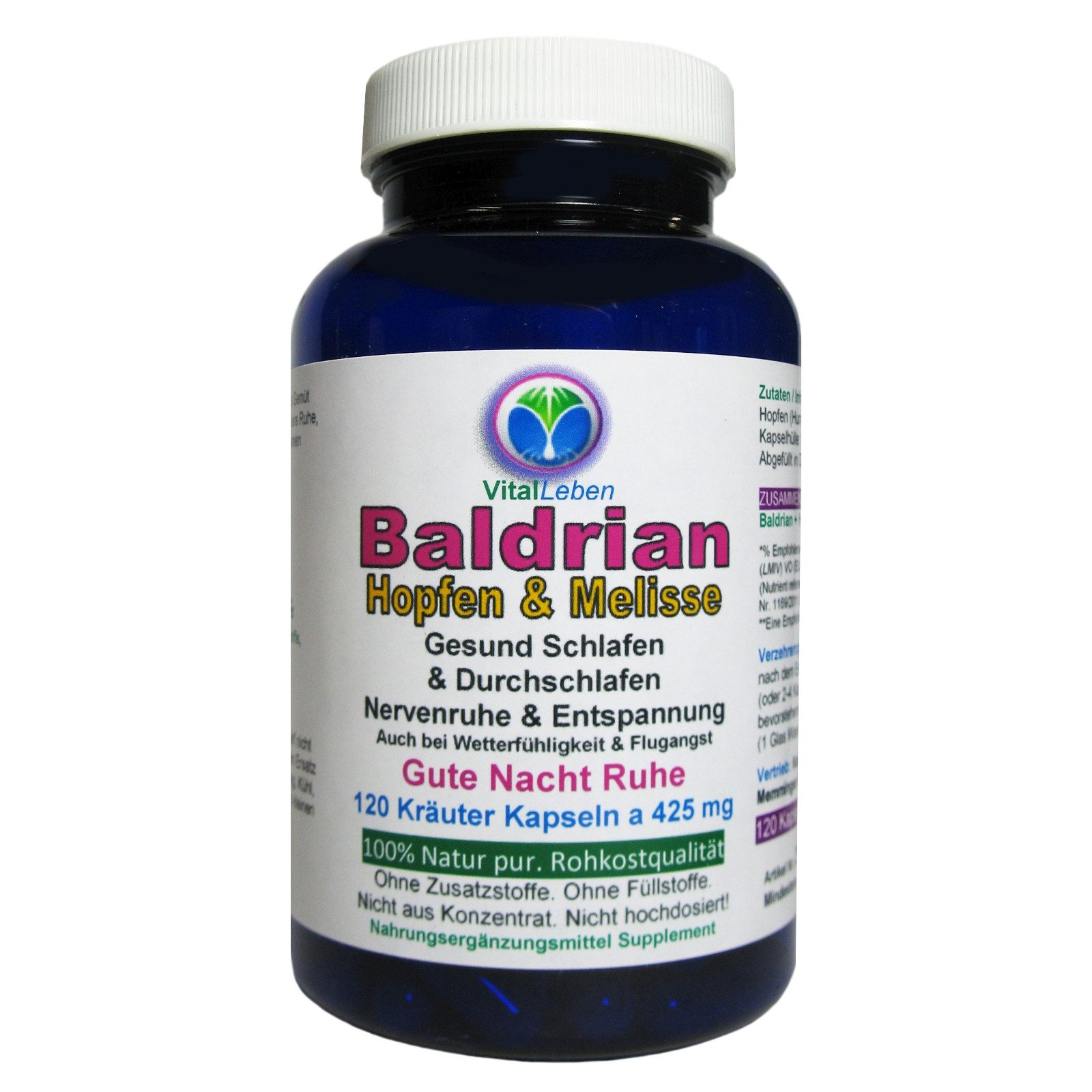VitalLeben Baldrian Hopfen Melisse für Entspannung & Abendruhe ohne Zusatzstoffe Kapsel, 1 er Dose à 51 g, Art. 26660-120