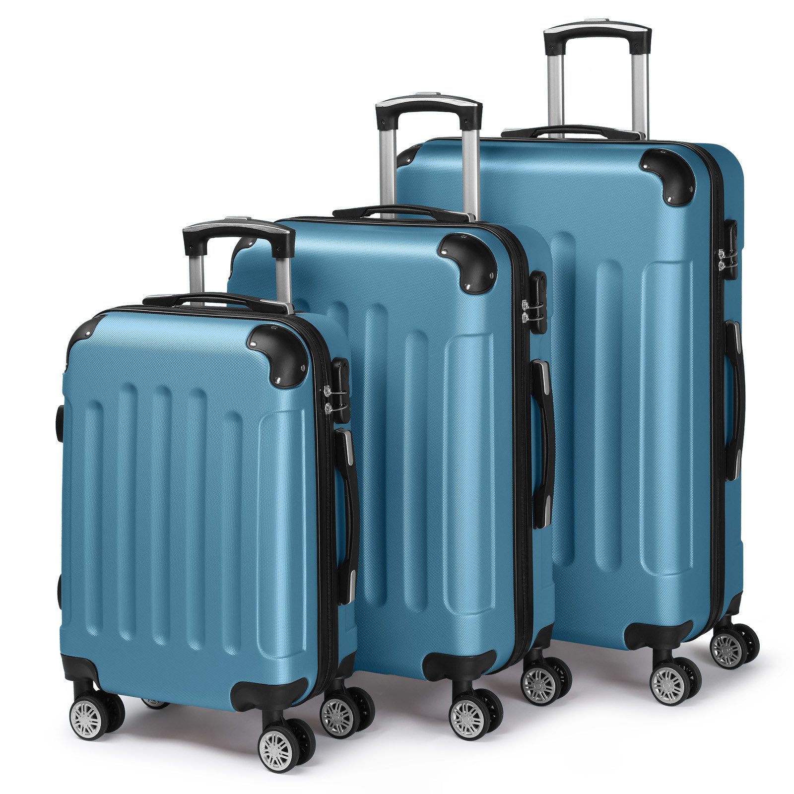 LALAHO Trolleyset Reisekoffer Set Hartschalenkoffer Trolley mit 360° Rollen, 4 Rollen, (3 tlg), Koffer Set aus ABS mit Teleskopstange, Handgepäck, Marineblau