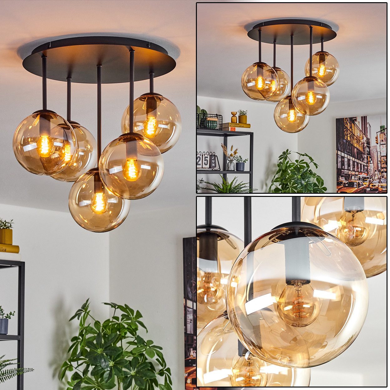 hofstein Deckenleuchte Deckenlampe aus Metall/Glas in Schwarz/Bernsteinfarben, Deckenleuchte im Retro/Vintage-Design (Schirme Ø 15 cm), 5 x E14