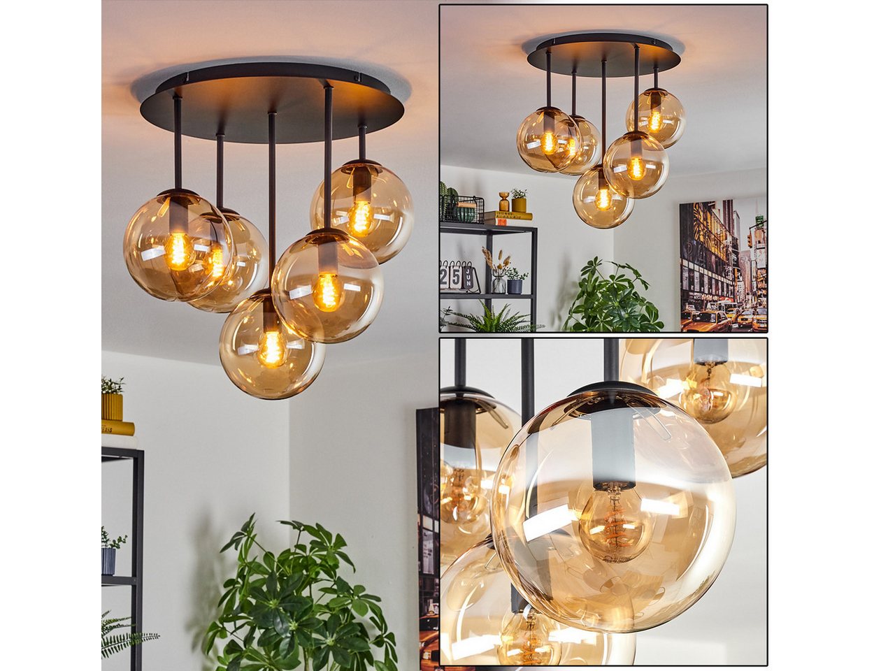 hofstein Deckenleuchte Deckenlampe aus Metall/Glas in Schwarz/Bernsteinfarben, Deckenleuchte im Retro/Vintage-Design (Schirme Ø 15 cm), 5 x E14