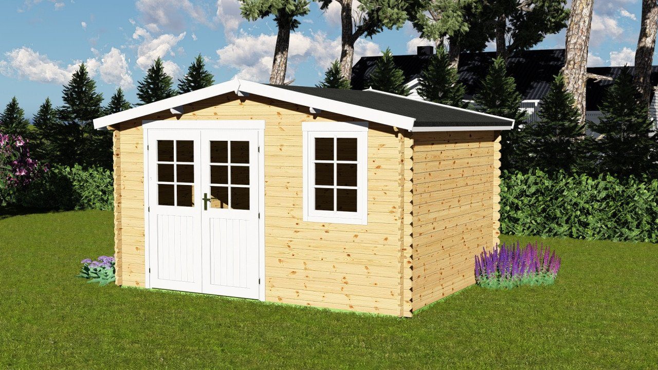 Finn Art Blockhaus Gartenhaus 4x3m Holz Schweden 21 in 28mm Wandstärke, BxT: 390x240 cm, mit 18 mm Fußboden, mit Schindeln rot