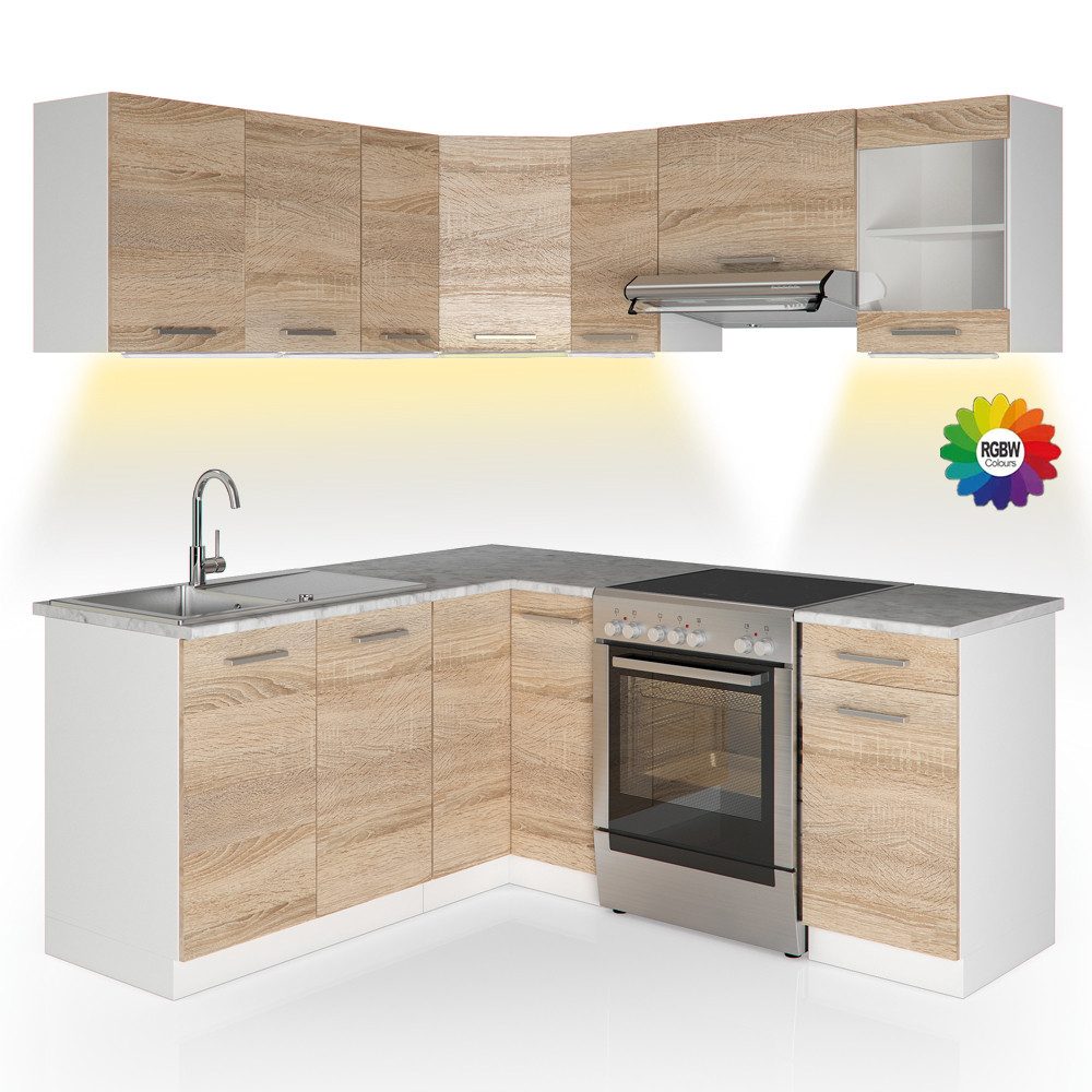 Vicco Winkelküche Rick, Weiß/Sonoma, 187 x 167 cm, AP Marmor mit LED-Leisten