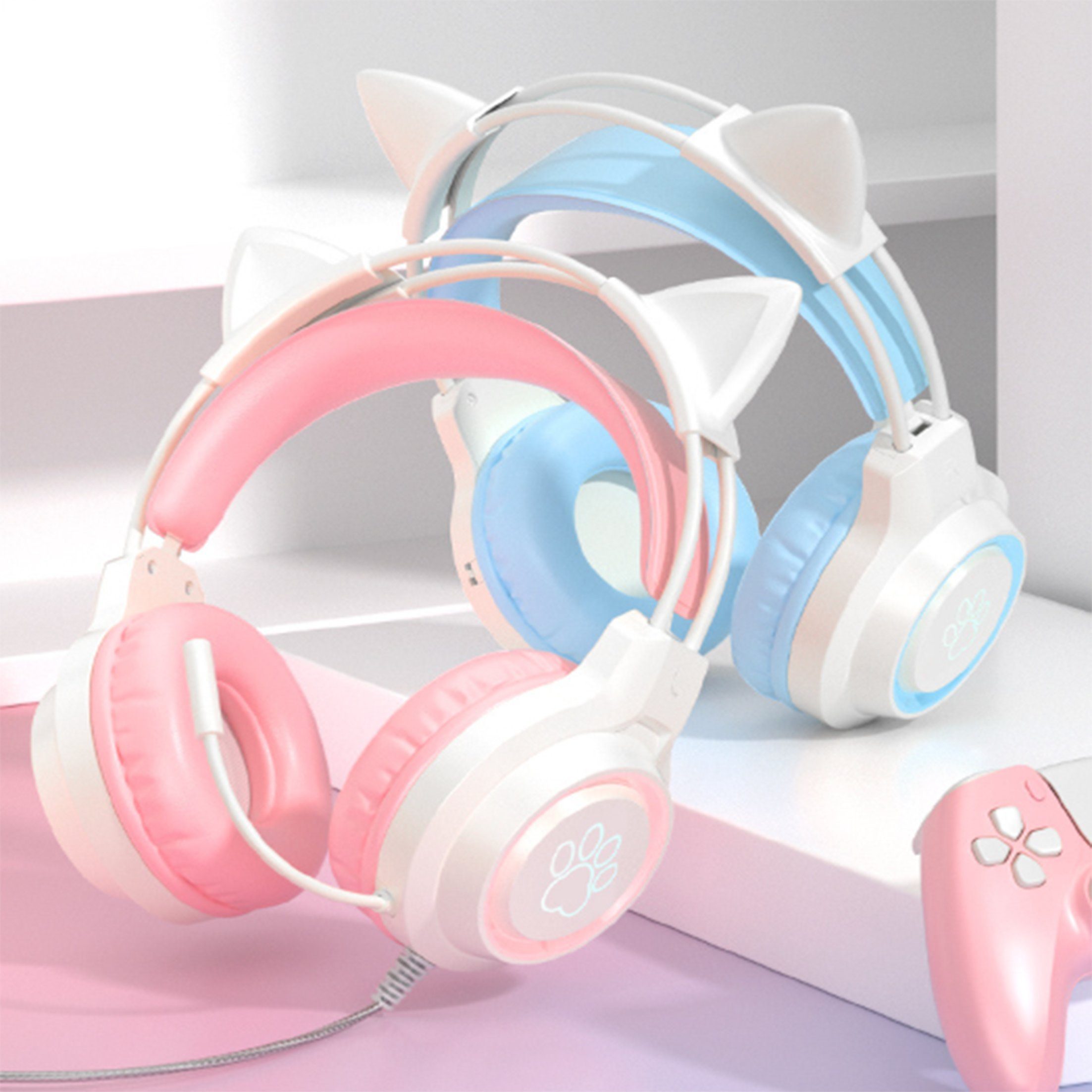 KINSI Headset,Gaming-Headset mit Rosa Over-Ear-Kopfhörer Katzenohren,Geräuschunterdrückung