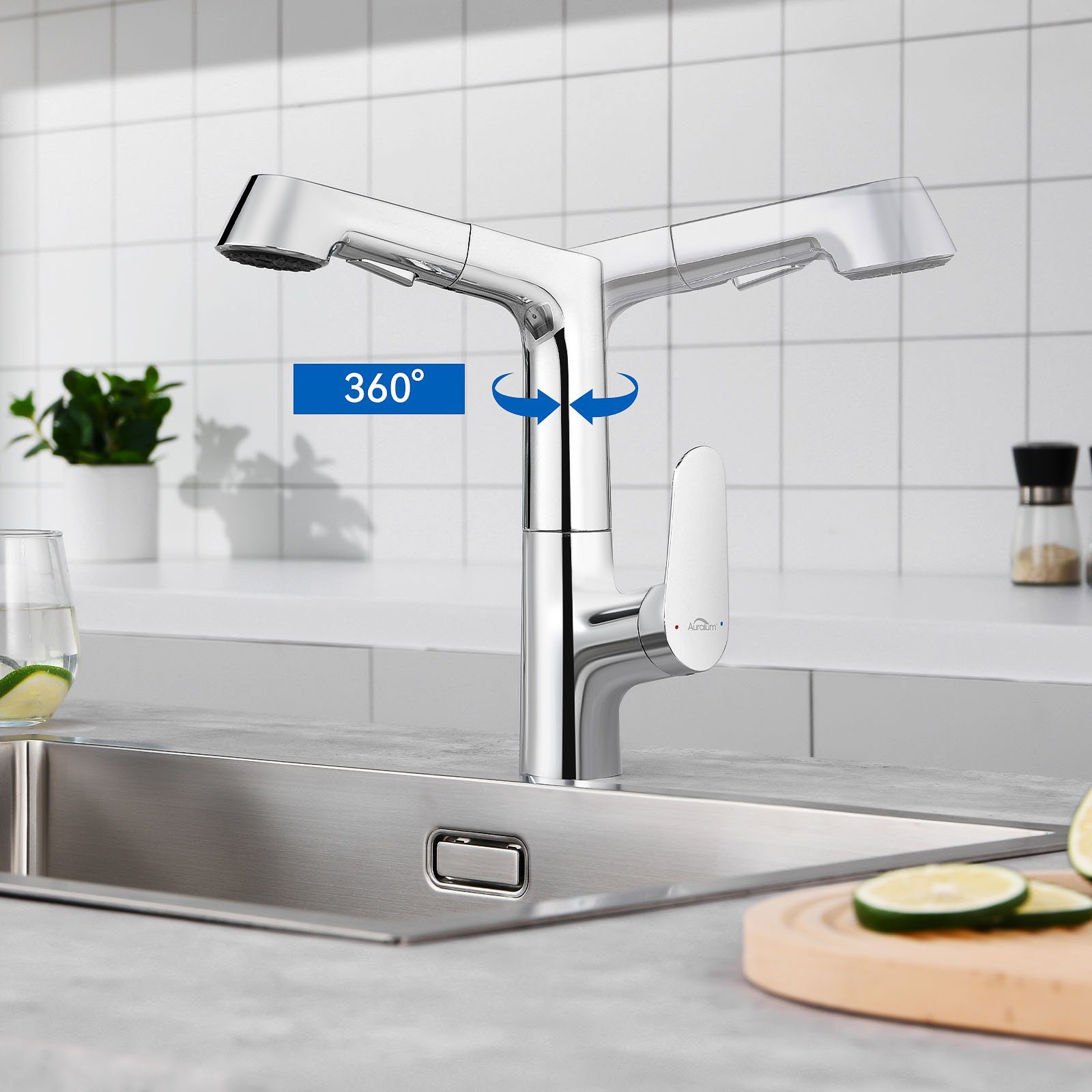 Auralum Spültischarmatur 360° Schwenkbar Küchenarmatur Strahlarten Ausziehbar Wasserhahn 2 mit Brause Ausziehbar